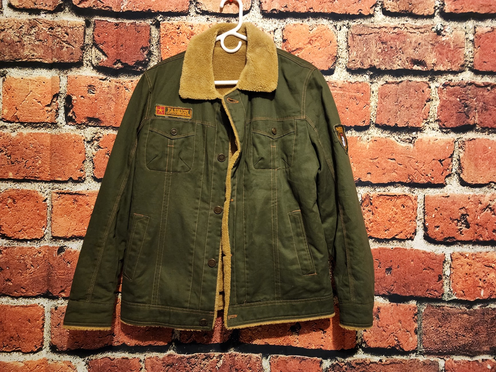 Olive green sherpa-lined jacket with patches - image 1 of 9