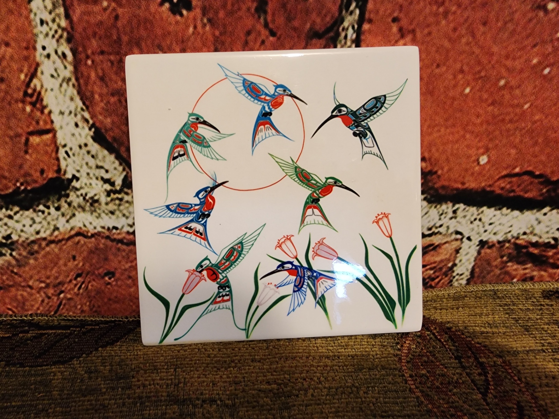 Hummingbird ceramic tile with flowers - image 1 of 5