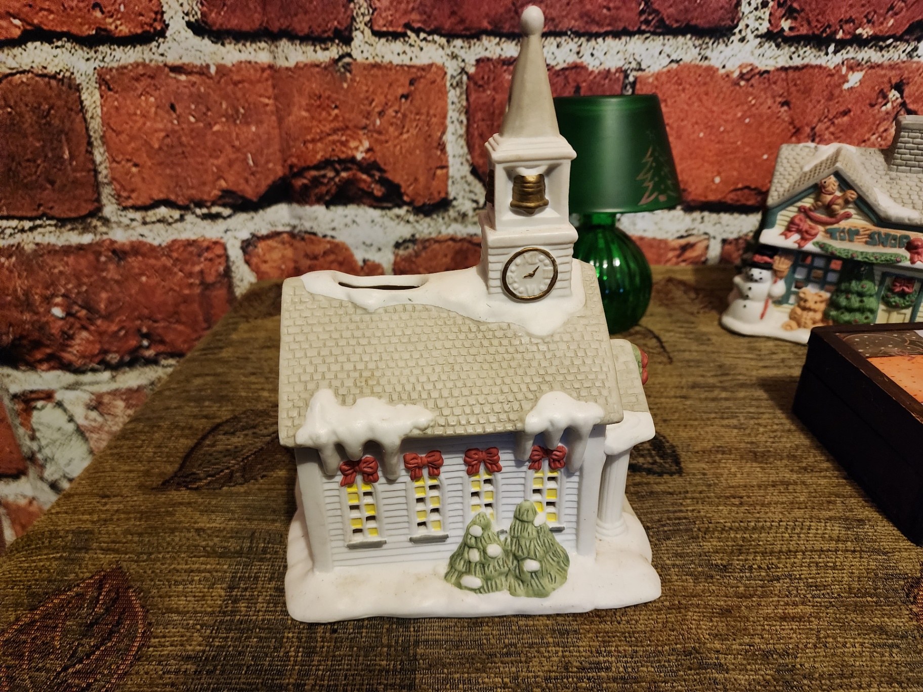 Ceramic Christmas village buildings with green glass lamp - image 8 of 20
