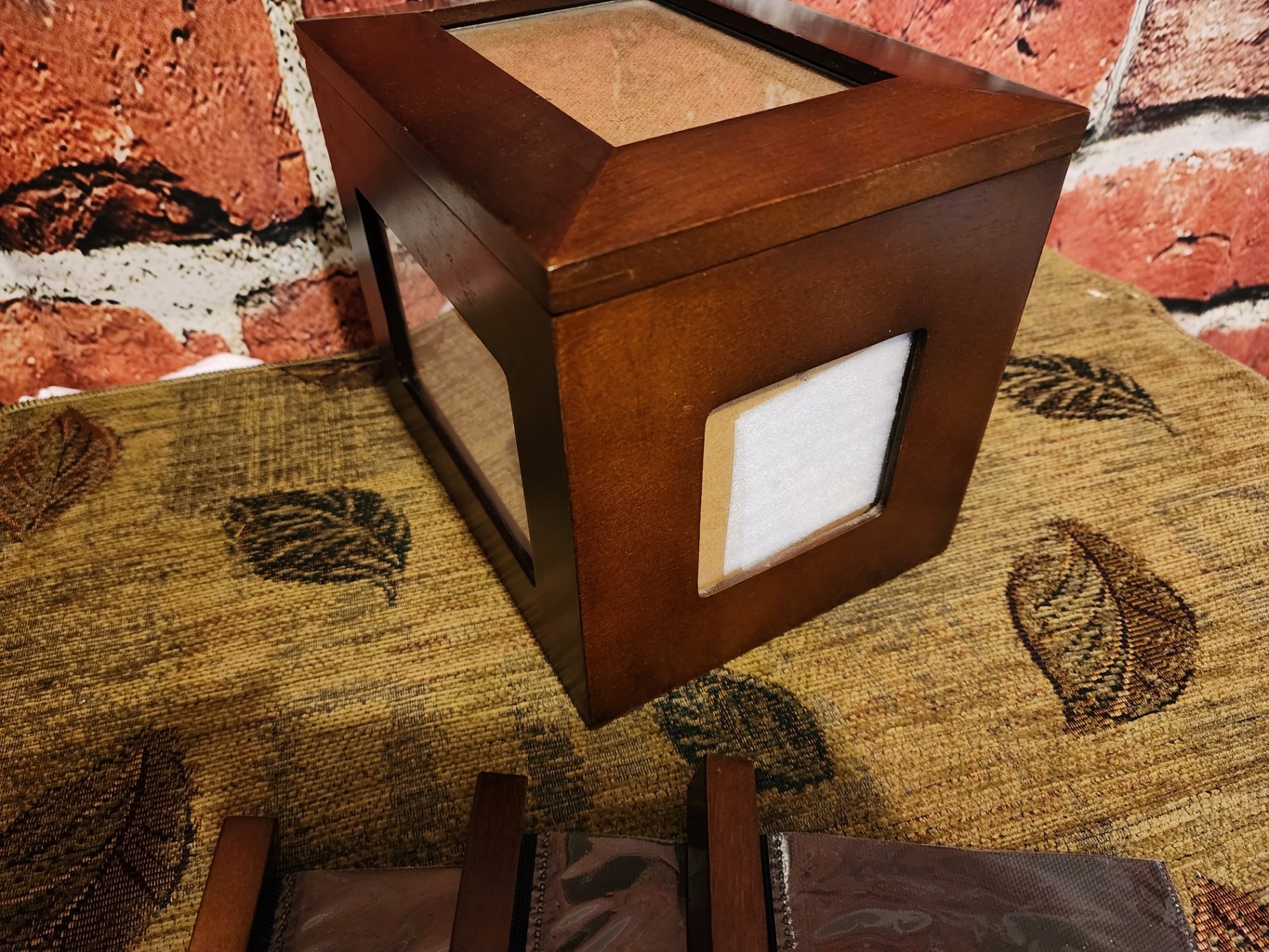 Vintage wooden display box set with ring-slot lid and glass-front frame - image 5 of 8