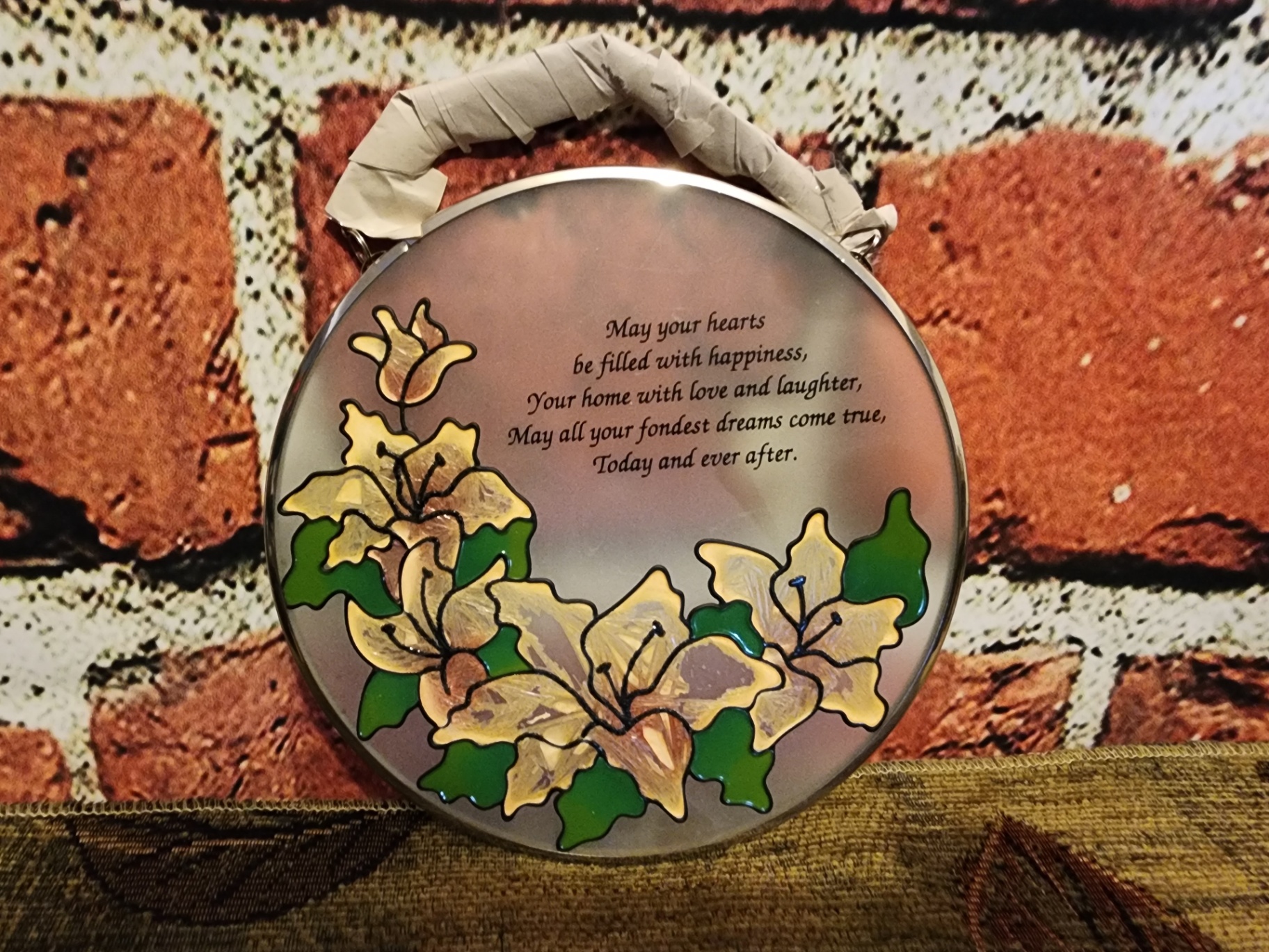 Round decorative glass and tin with floral motif and verse - image 1 of 6