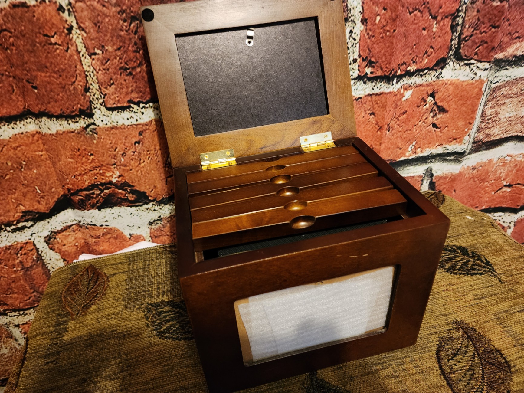 Vintage wooden display box set with ring-slot lid and glass-front frame - image 8 of 8