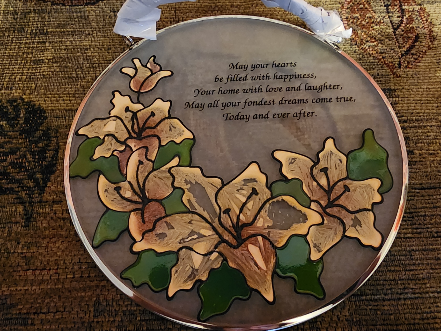 Round decorative glass and tin with floral motif and verse - image 2 of 6