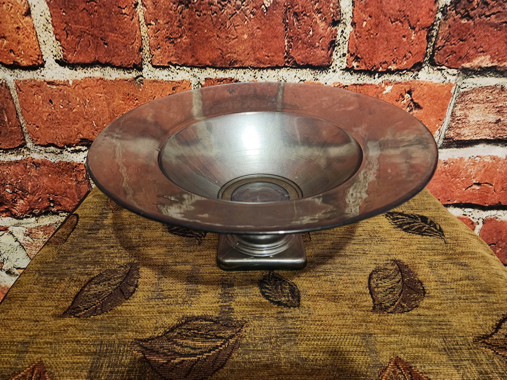 Blue Metallic Glass pedestal bowl on square base - image 1 of 7