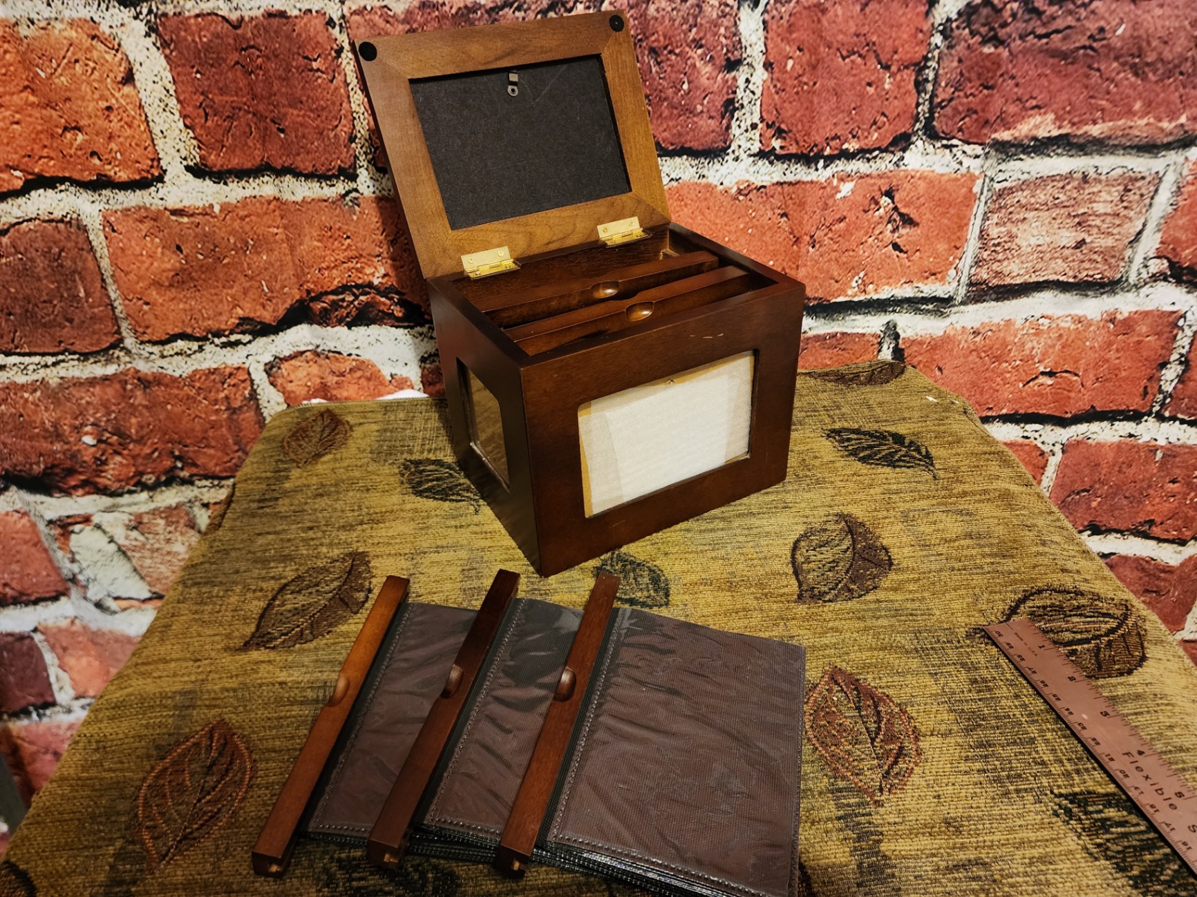Vintage wooden display box set with ring-slot lid and glass-front frame - image 1 of 8