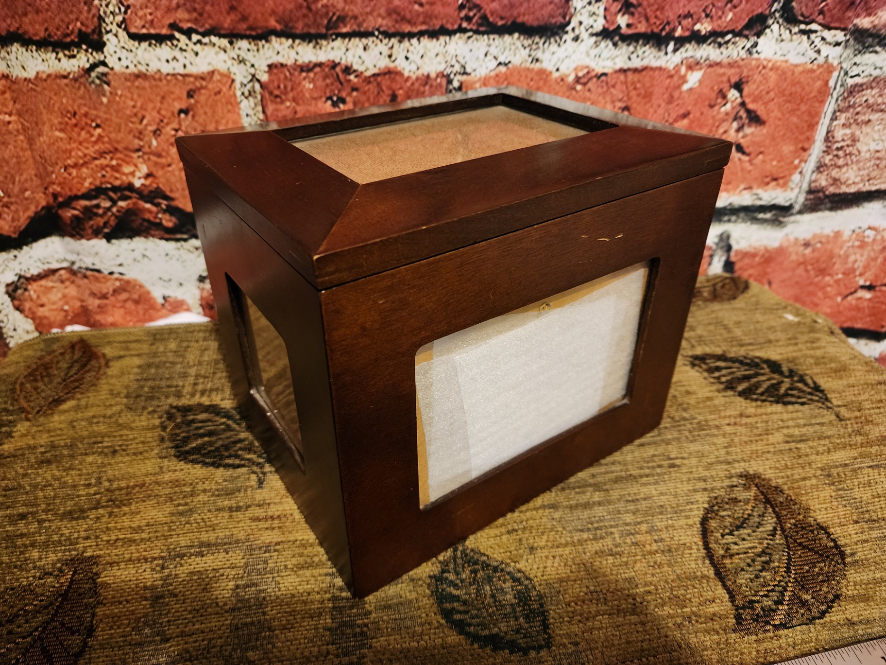 Vintage wooden display box set with ring-slot lid and glass-front frame - image 4 of 8