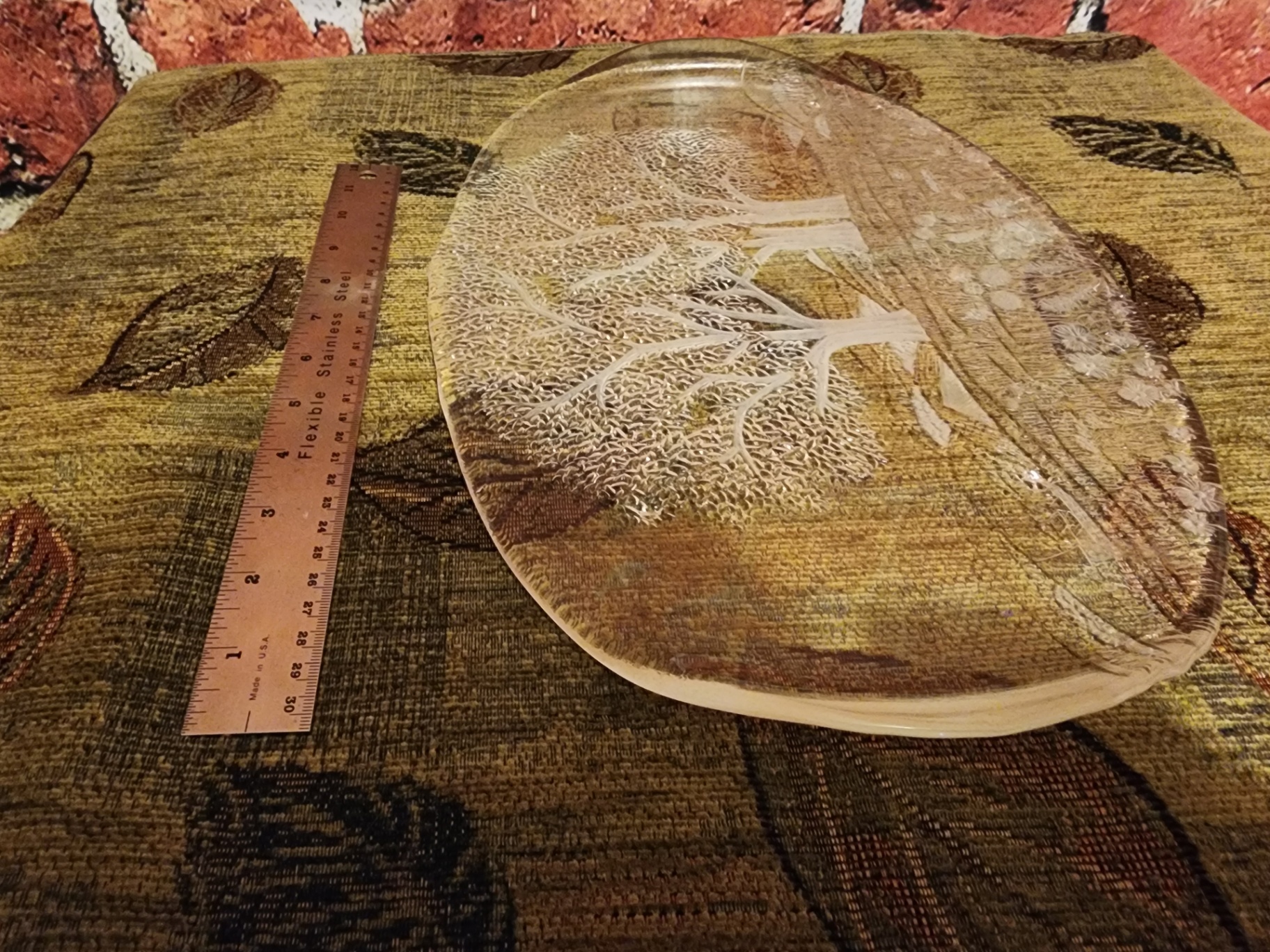 Etched oval glass plate with trees and floral landscape - image 3 of 7