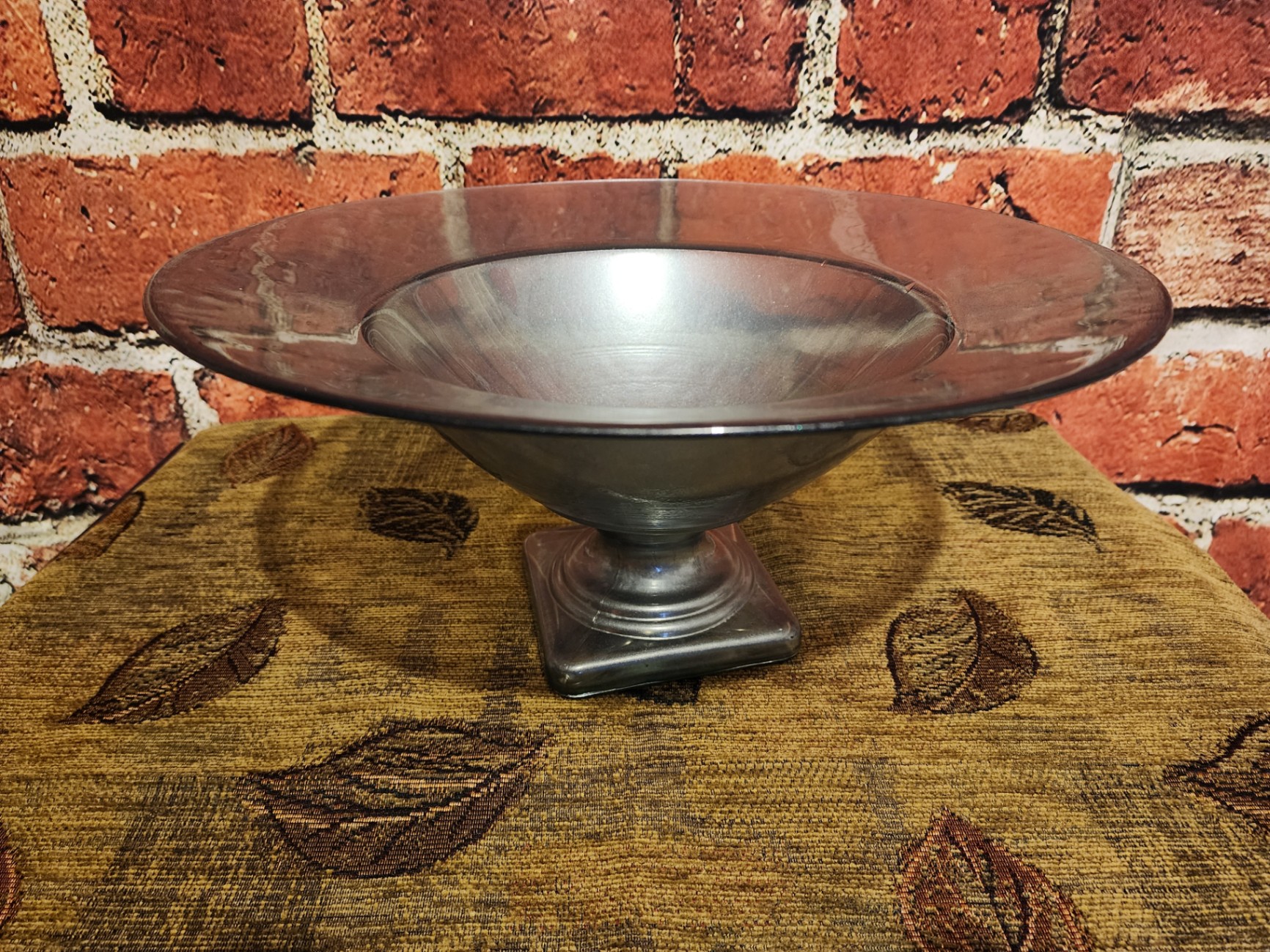Blue Metallic Glass pedestal bowl on square base - image 2 of 7