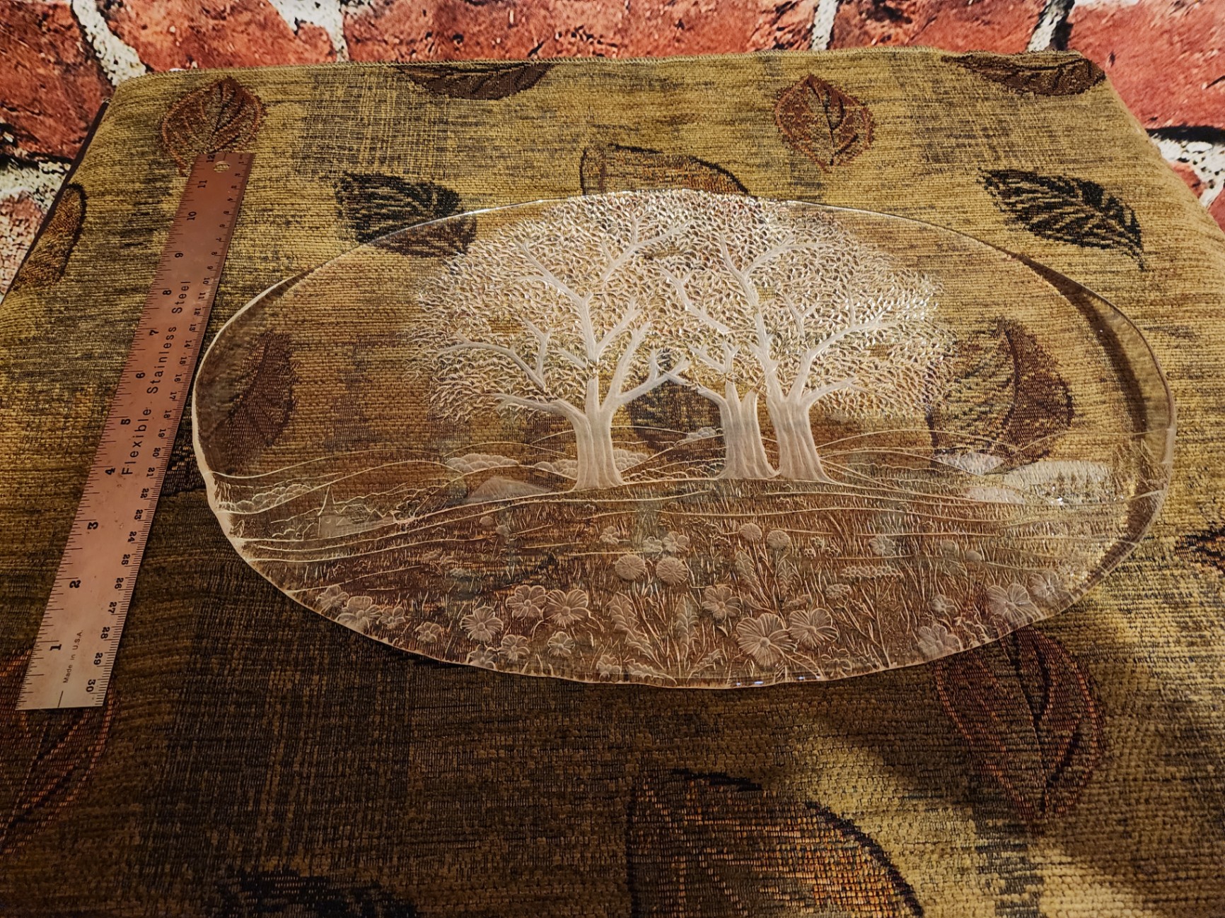 Etched oval glass plate with trees and floral landscape - image 5 of 7