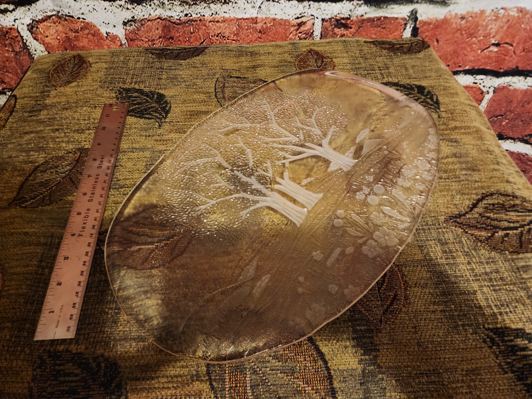 Etched oval glass plate with trees and floral landscape - image 6 of 7