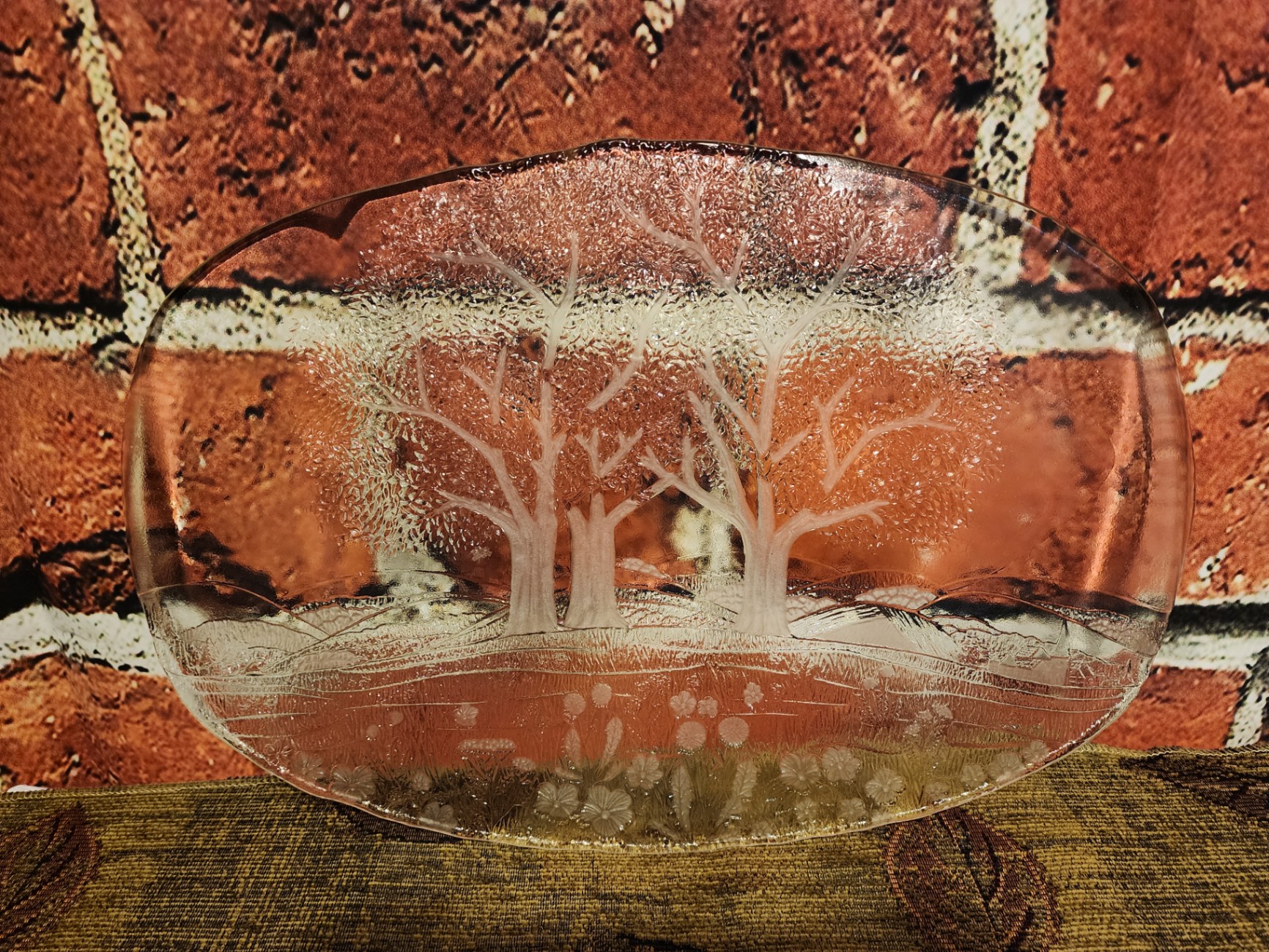 Etched oval glass plate with trees and floral landscape - image 2 of 7
