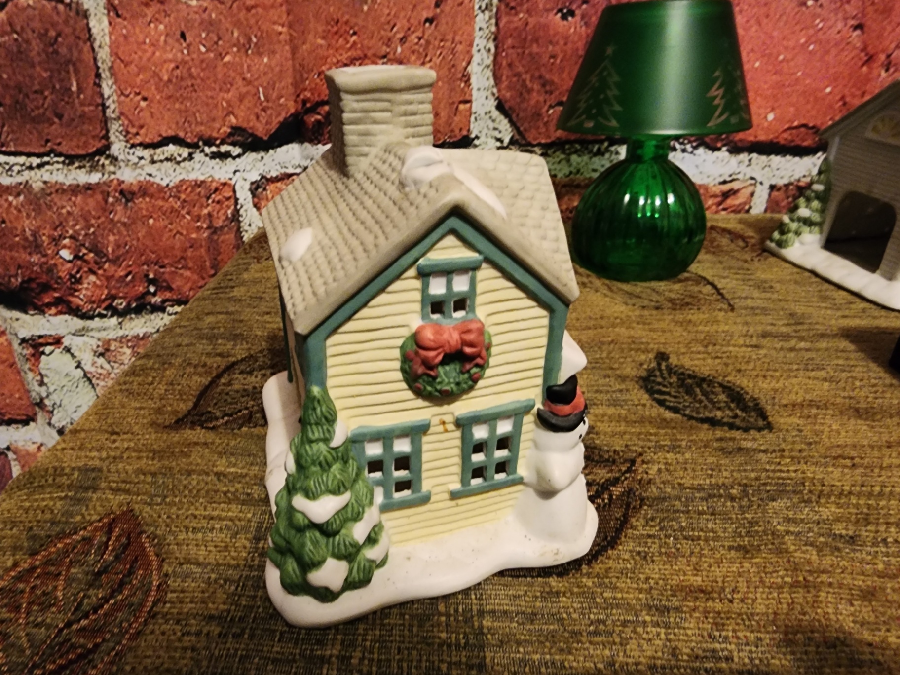 Ceramic Christmas village buildings with green glass lamp - image 9 of 20