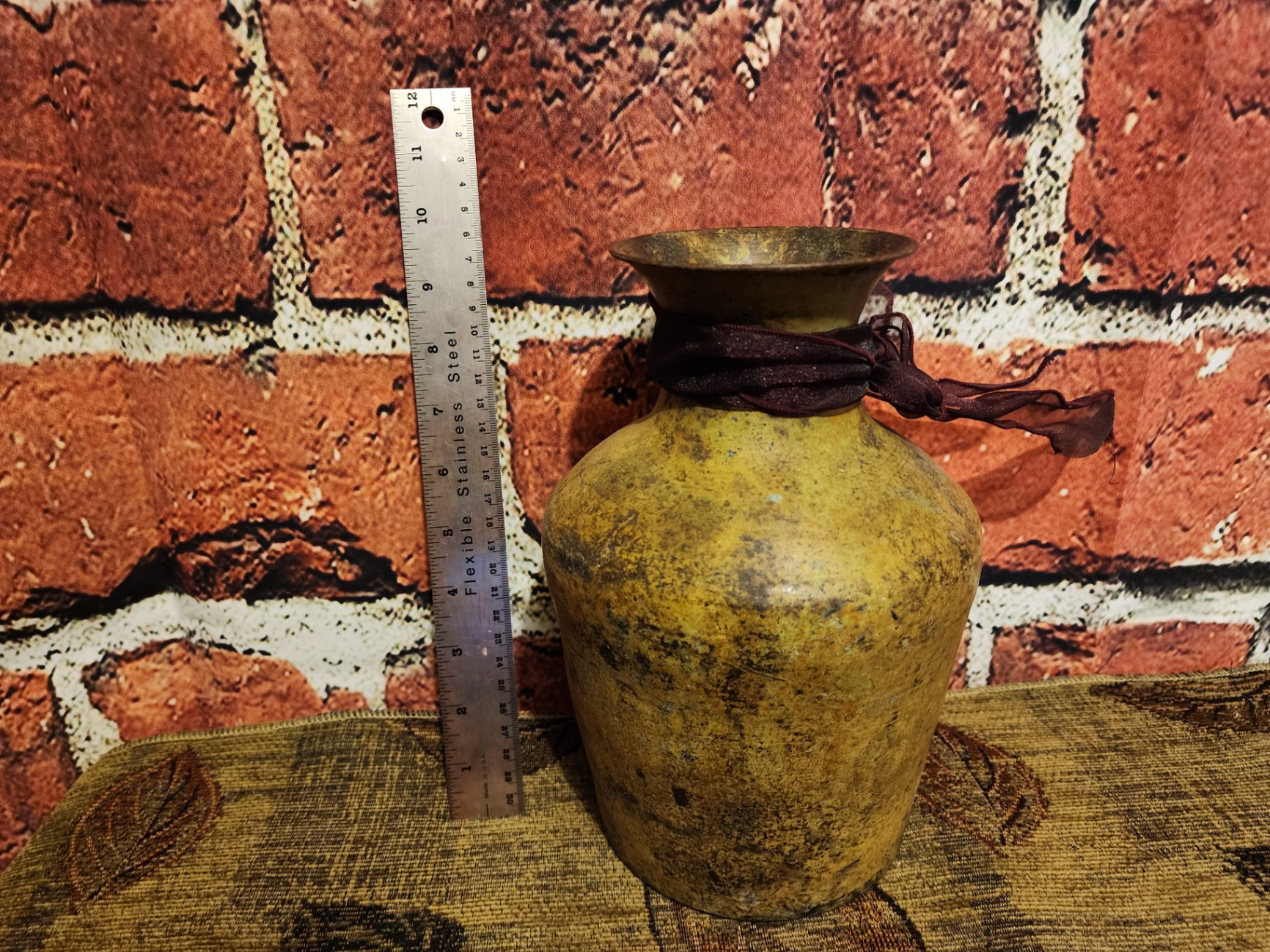 Patinaed yellow vase with ribbon - image 6 of 6