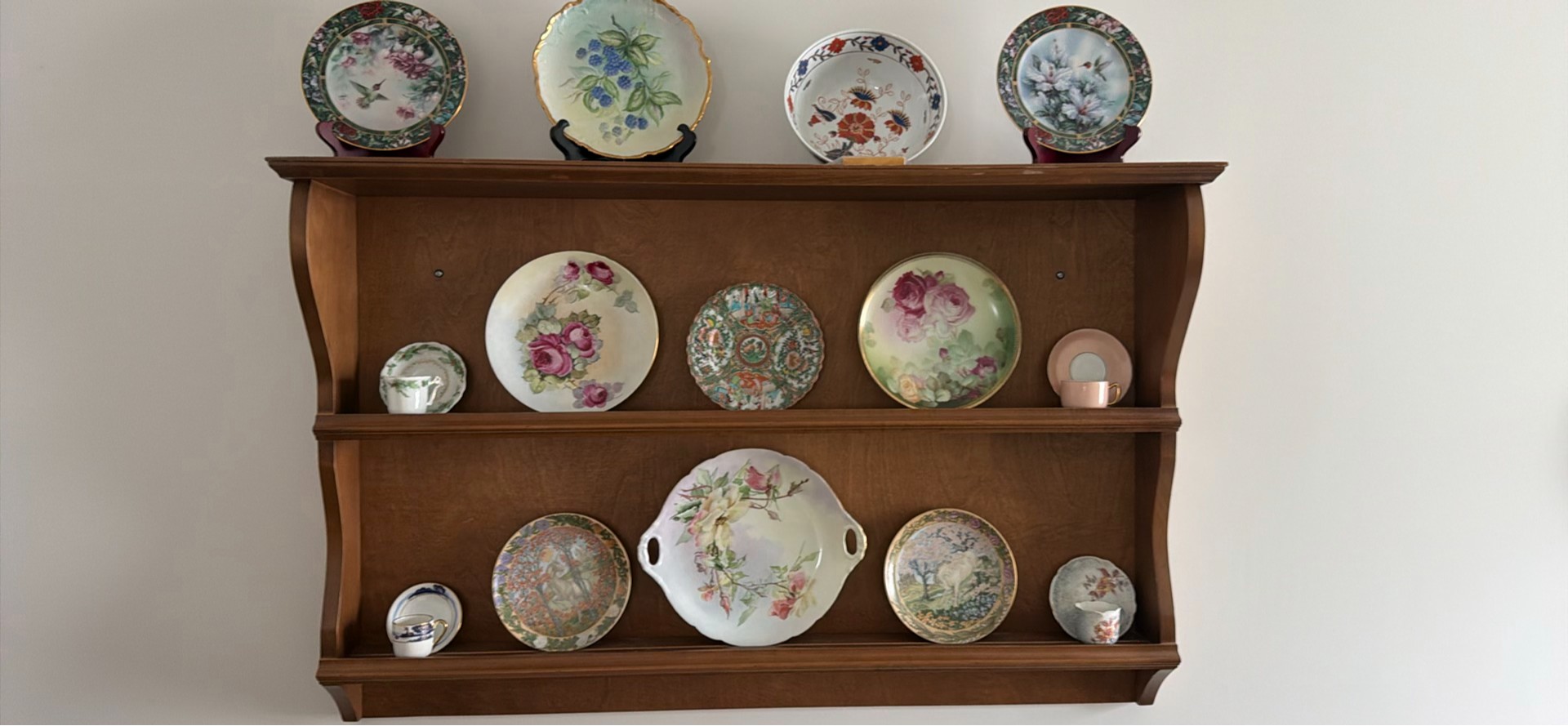 Wooden Wall Shelf with Decorative Plates and Teacups - image 2 of 2
