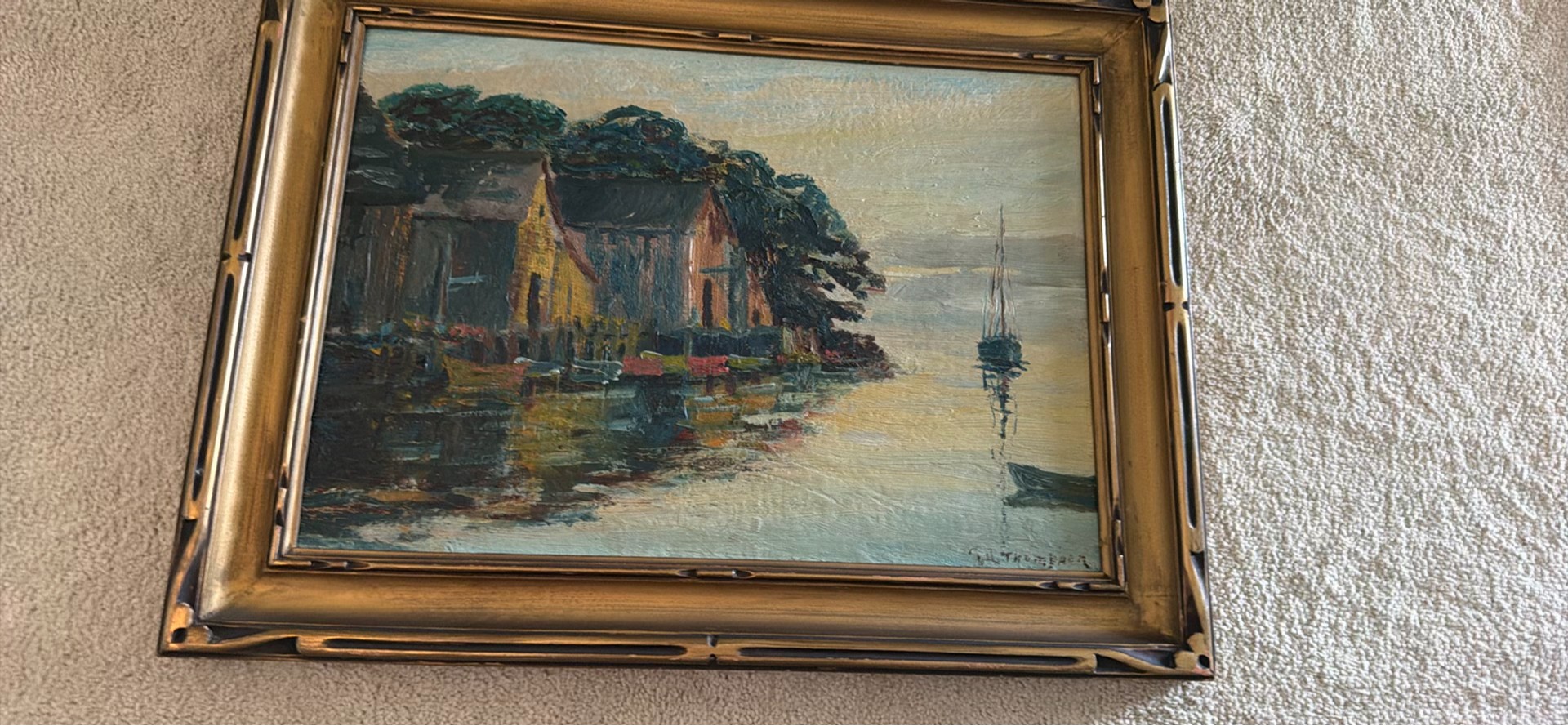 Framed Coastal Village Oil Painting - image 3 of 3