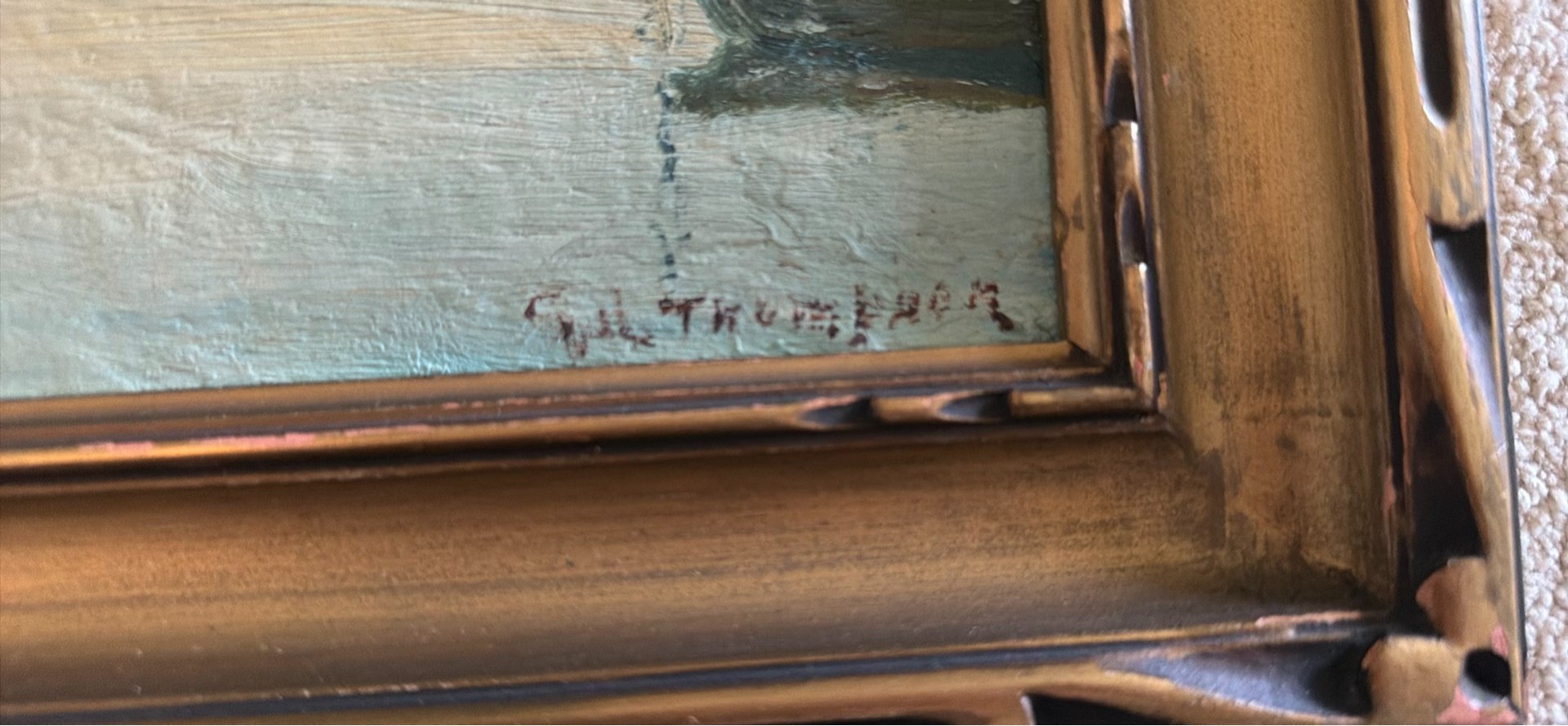 Framed Coastal Village Oil Painting - image 2 of 3