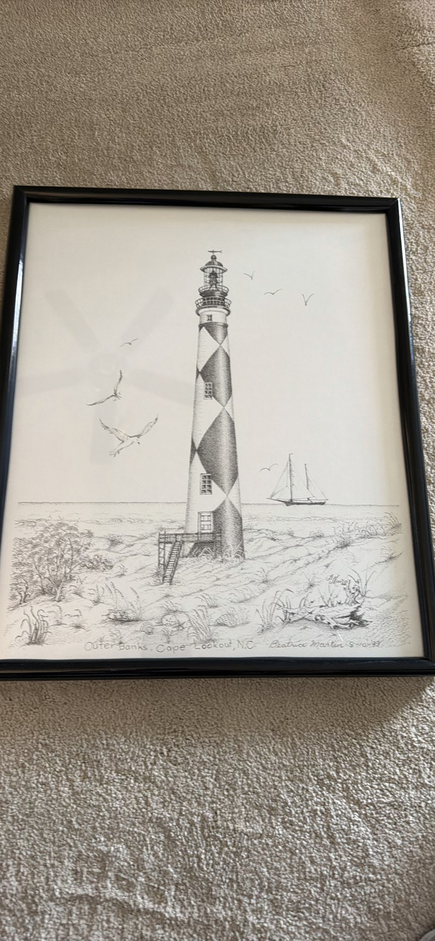 Framed Cape Lookout Lighthouse Drawing by Beatrice Martin - image 1 of 3