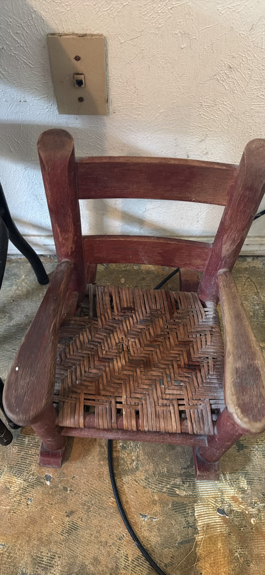 Padded black metal two-tier step stool and wooden chair with a woven seat - image 5 of 8