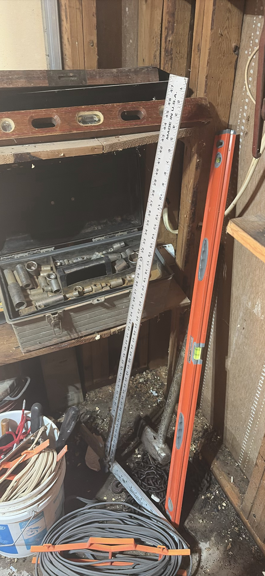 tool collection with boxes, cords, levels and hardware - image 2 of 12