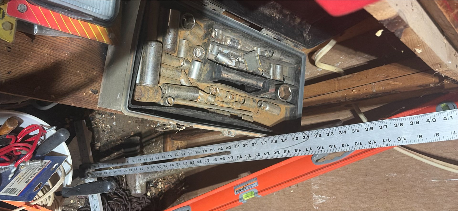 tool collection with boxes, cords, levels and hardware - image 7 of 12