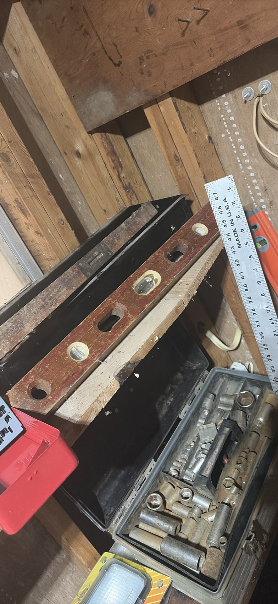 tool collection with boxes, cords, levels and hardware - image 9 of 12