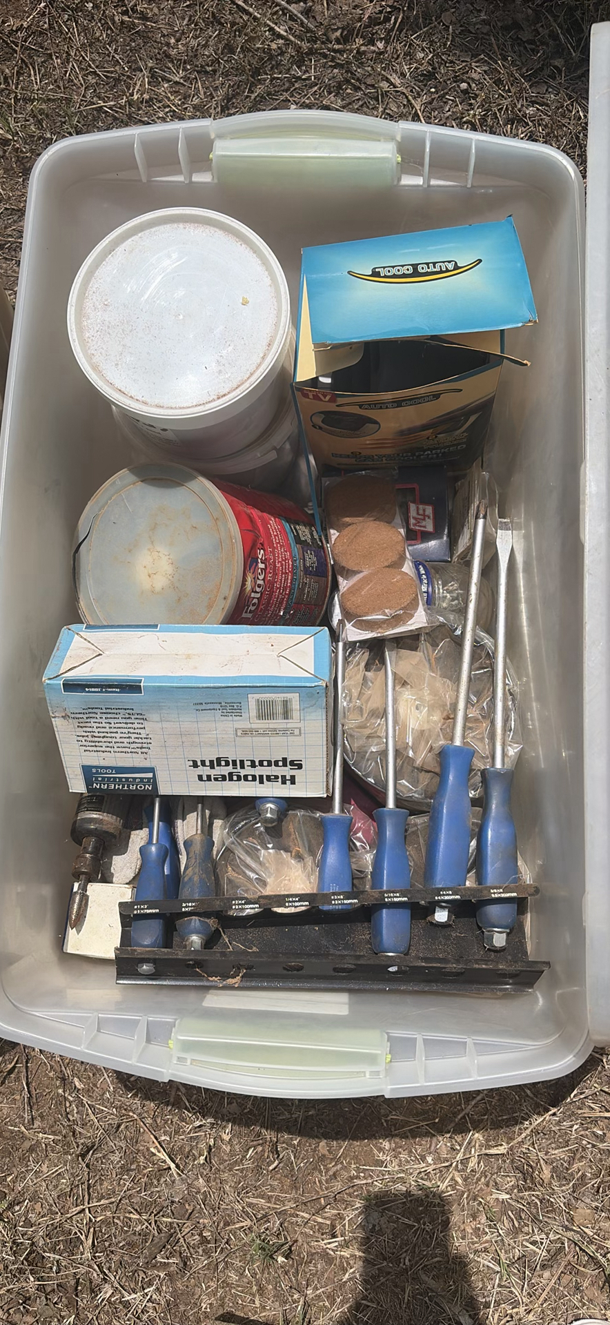 Assorted hardware and tools in plastic bins - image 3 of 4