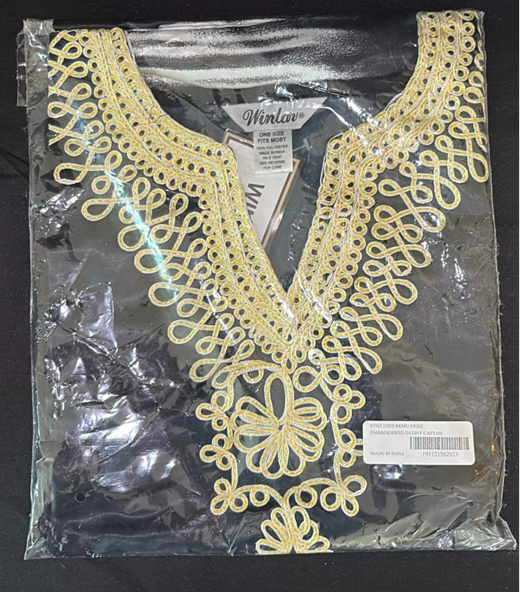 Blue packaged garment, embroidered satin caftan, patterned scarf, and woven wall hanging - image 2 of 4