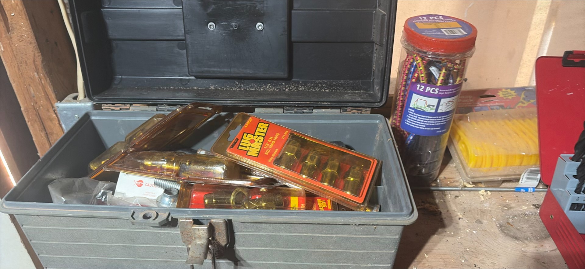 tool collection with boxes, cords, levels and hardware - image 11 of 12