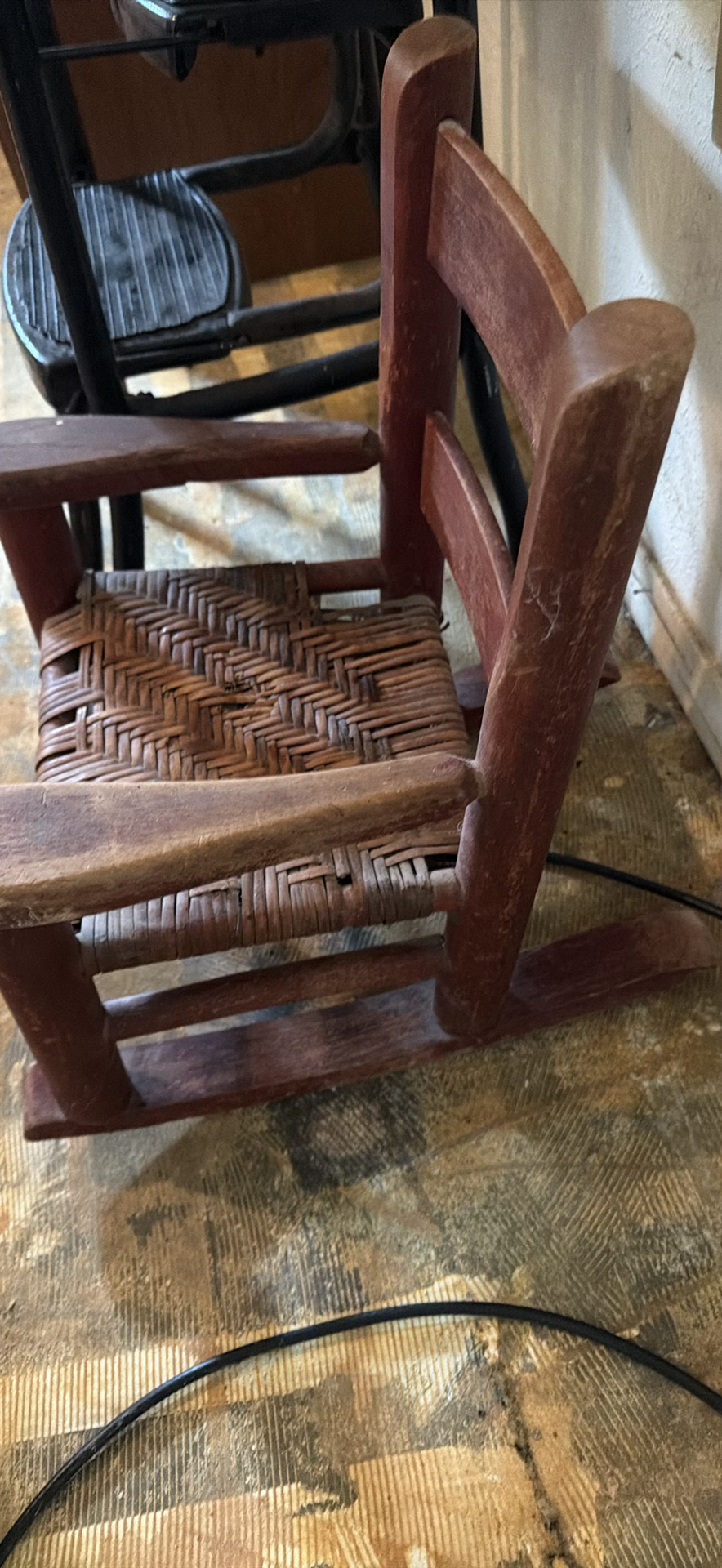 Padded black metal two-tier step stool and wooden chair with a woven seat - image 8 of 8