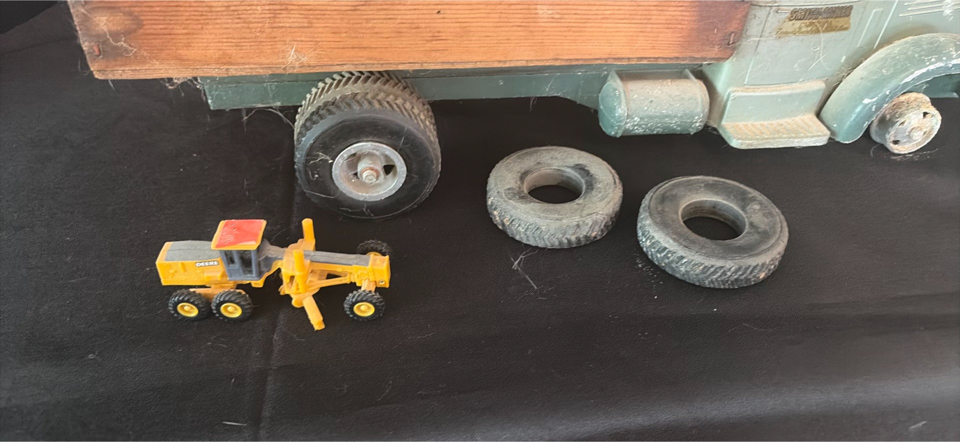 Vintage metal toy trucks with wooden flatbed and accessories - image 2 of 6