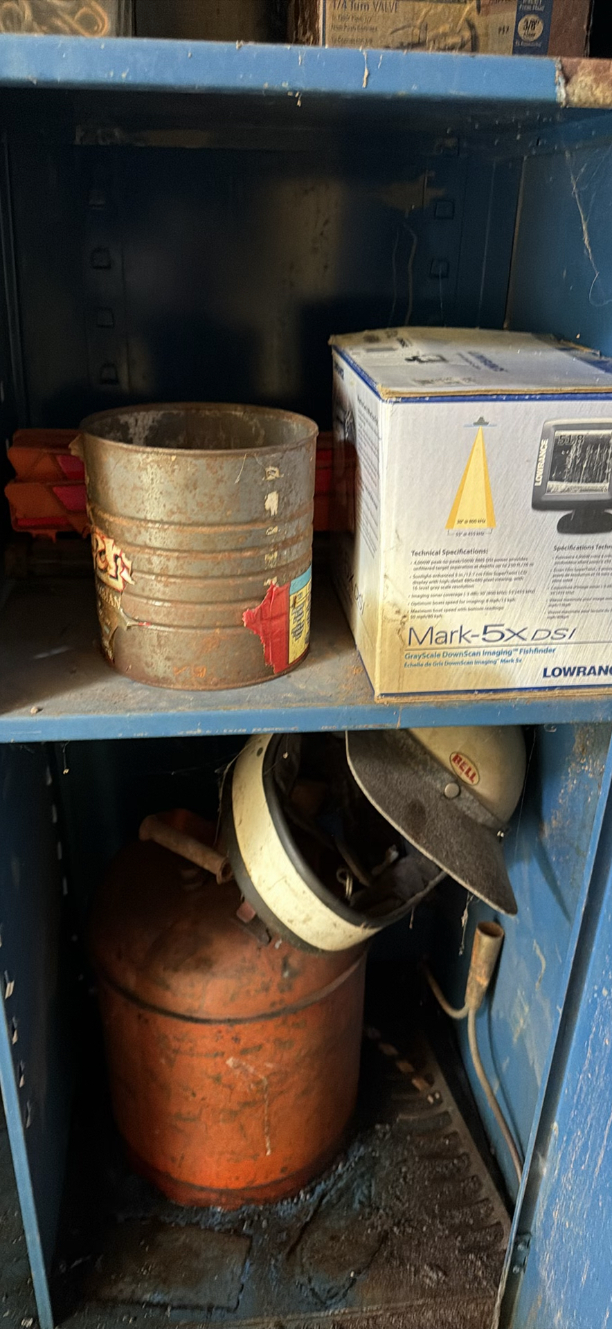 Blue metal cabinet with gas cylinder, helmet and assorted workshop items - image 3 of 6