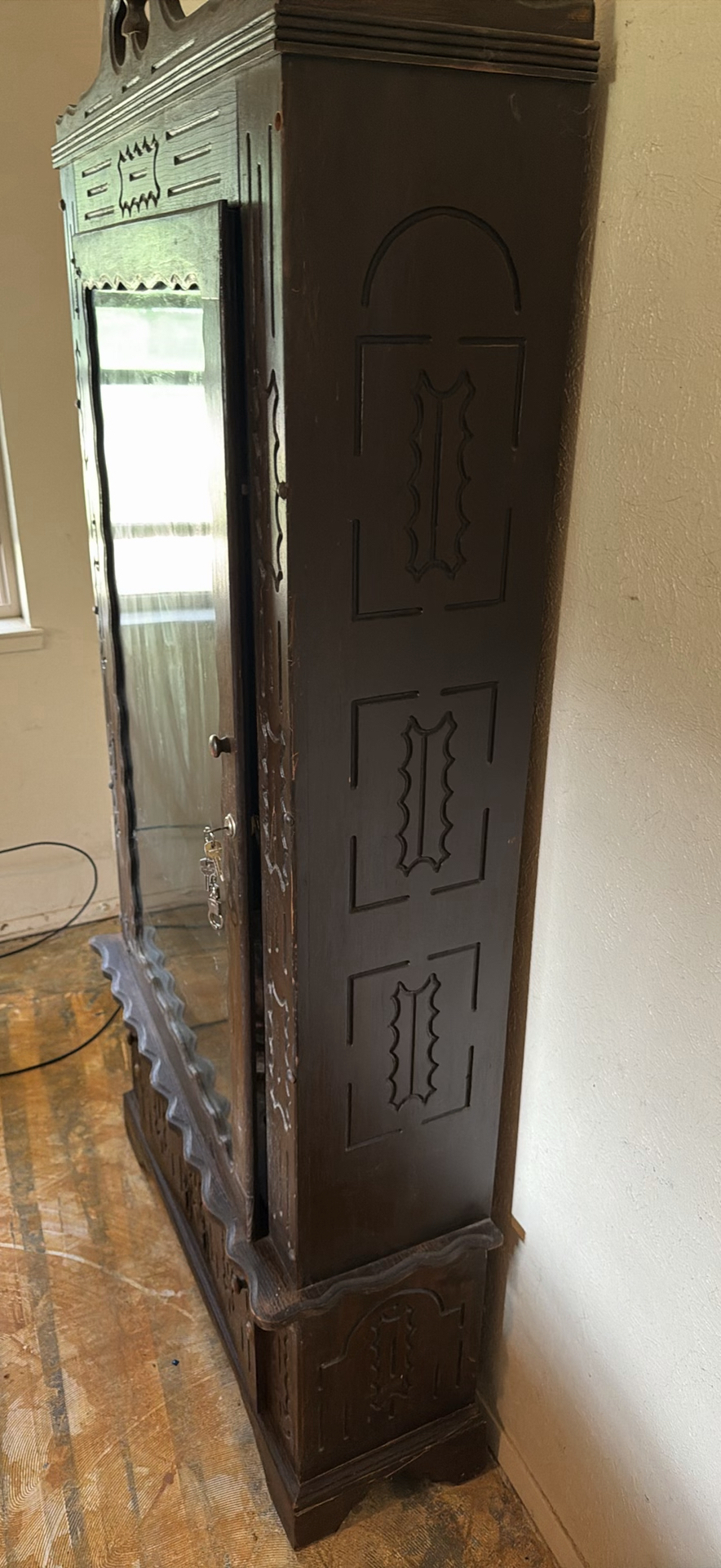 Carved dark wood display Gun cabinet with glass door - image 3 of 11