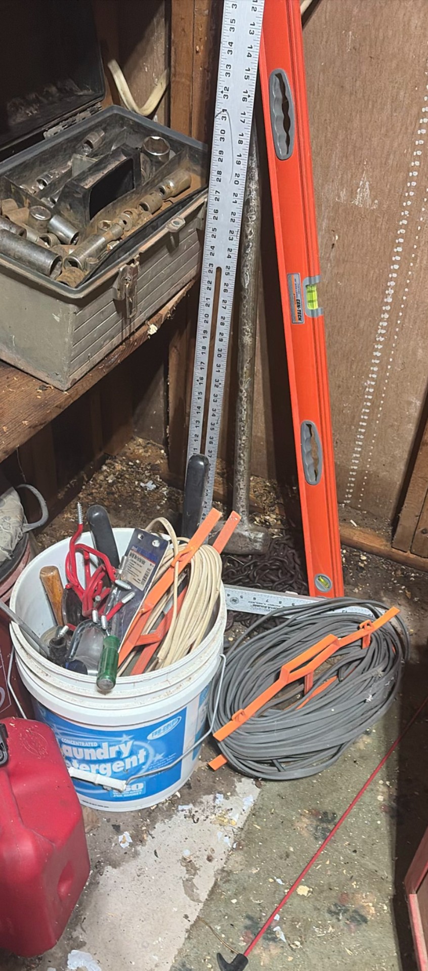 tool collection with boxes, cords, levels and hardware - image 5 of 12