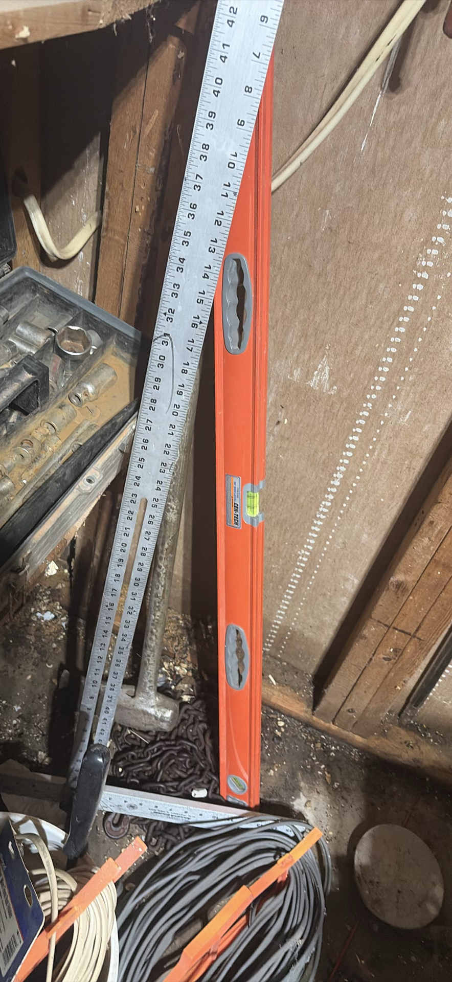 tool collection with boxes, cords, levels and hardware - image 8 of 12