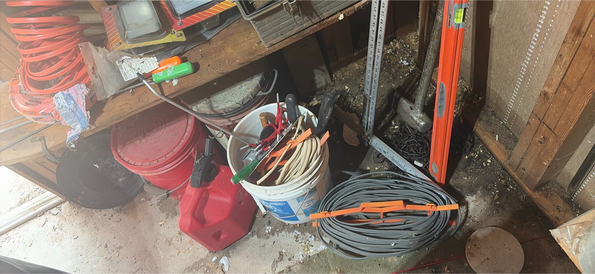 tool collection with boxes, cords, levels and hardware - image 1 of 12