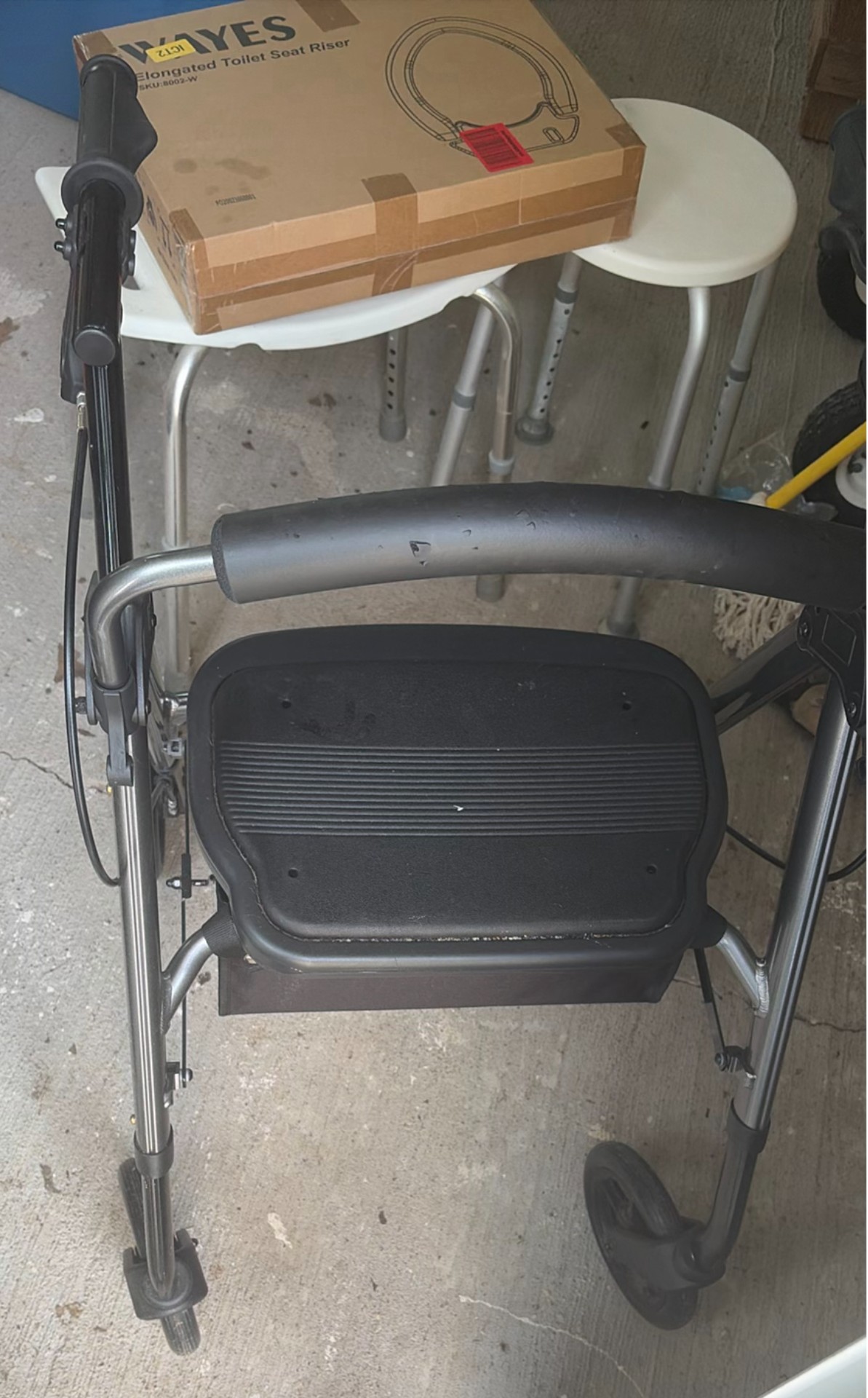 Rollator walker with seating, stools, and toilet seat riser box - image 6 of 9