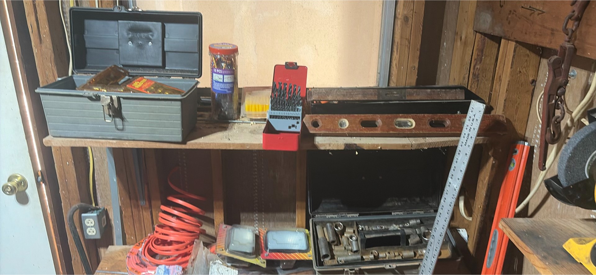tool collection with boxes, cords, levels and hardware - image 3 of 12