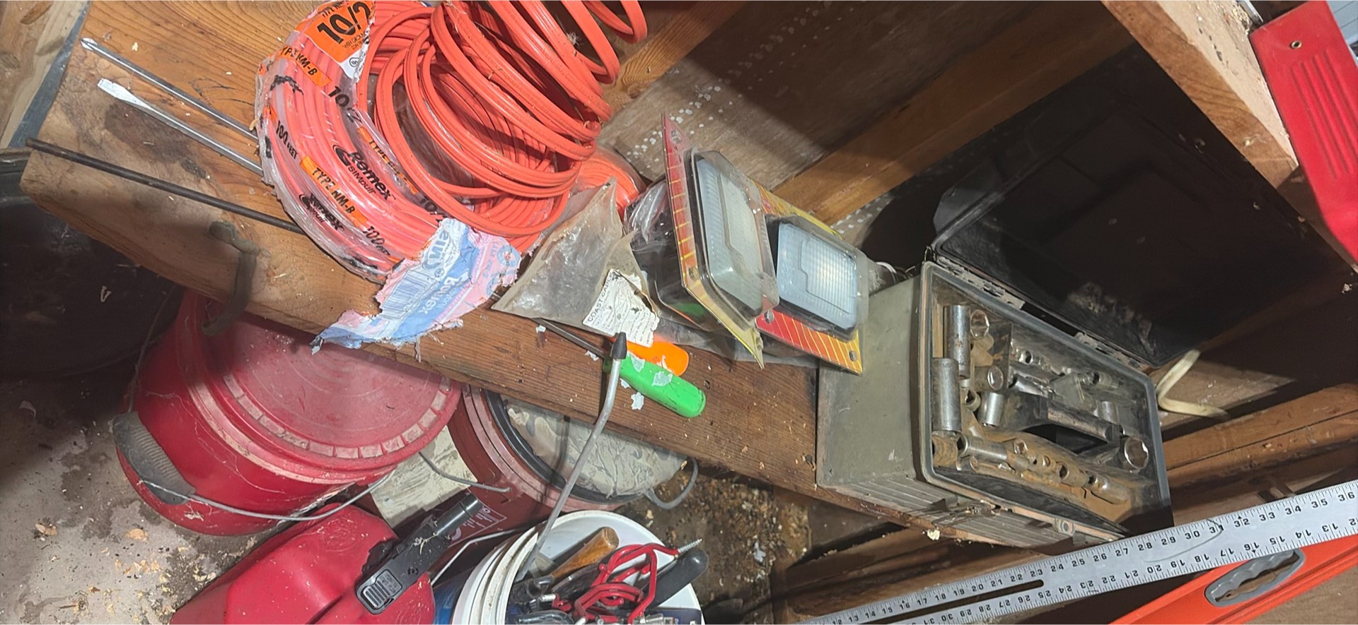 tool collection with boxes, cords, levels and hardware - image 6 of 12