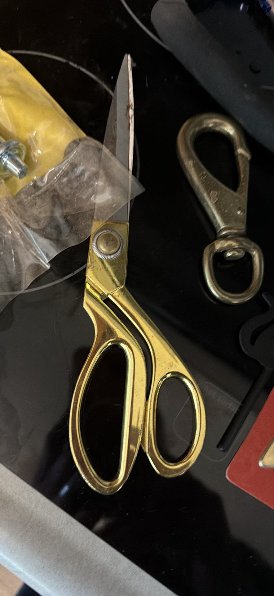 Assorted hardware items including brass hooks and carabiner - image 3 of 5