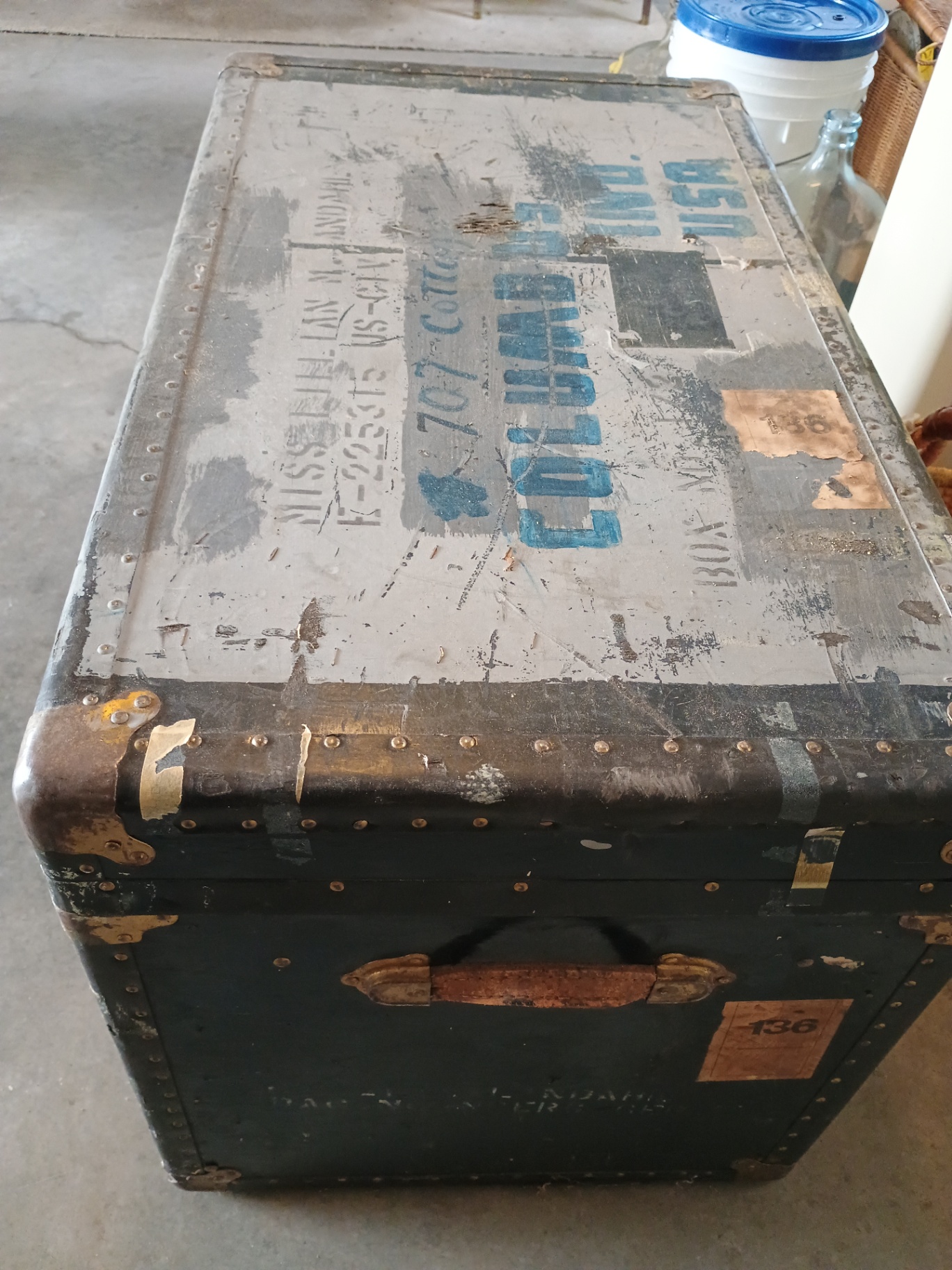 Vintage riveted metal trunk with blue stenciled markings - image 5 of 7