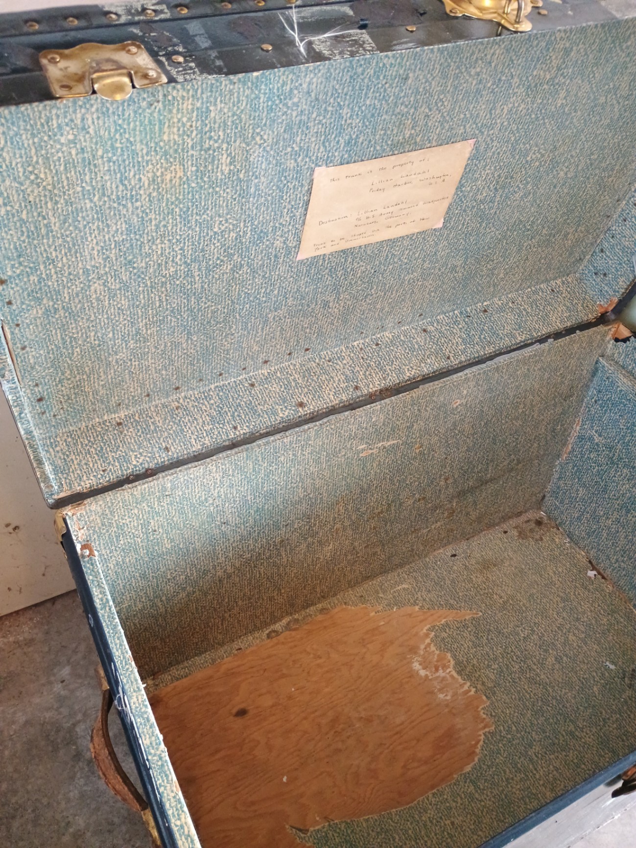 Vintage riveted metal trunk with blue stenciled markings - image 7 of 7