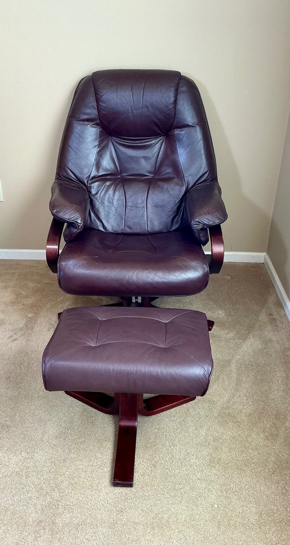 Danish Leather recliner with matching ottoman, As IS - image 1 of 10