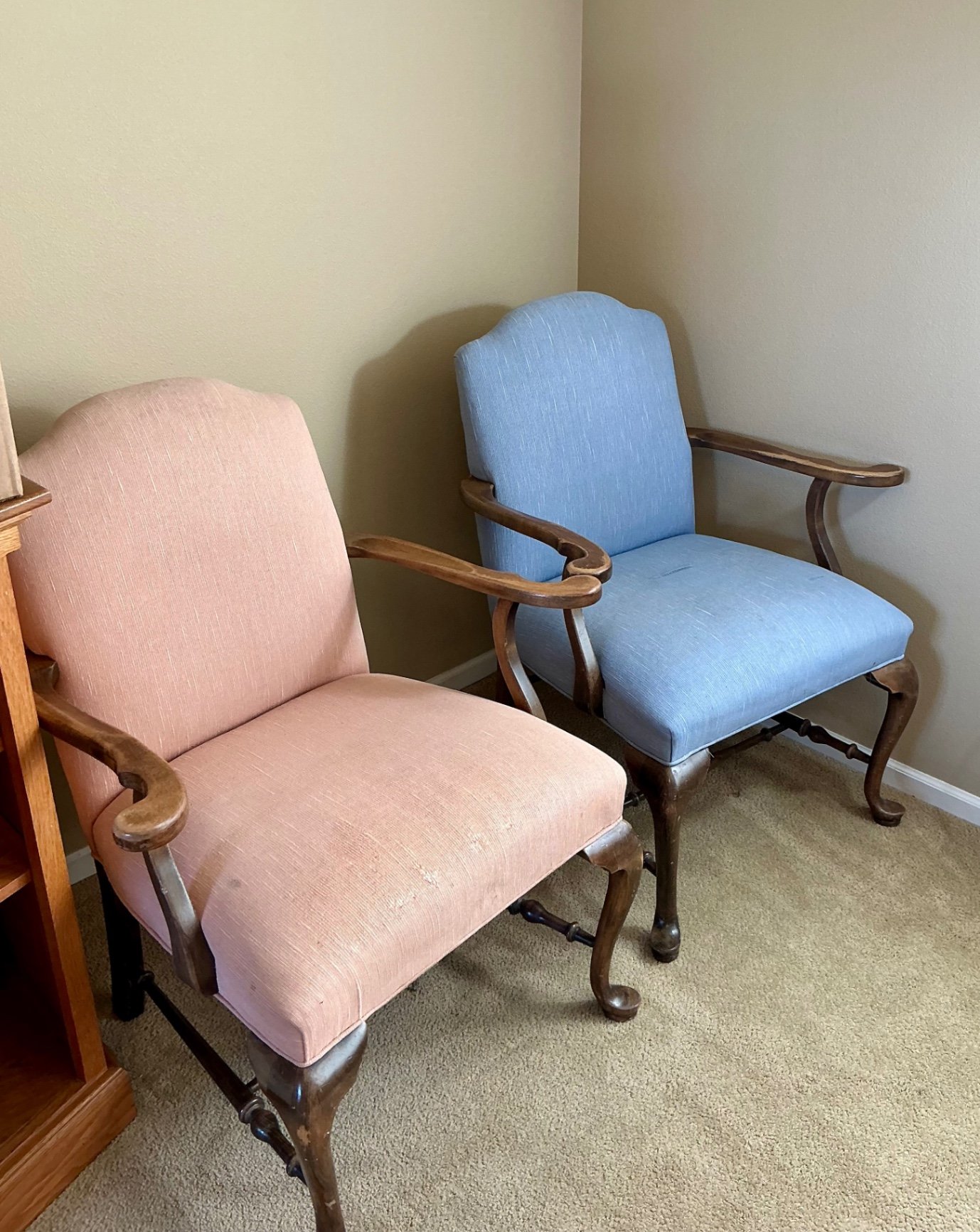 Two vintage upholstered armchairs with carved wood frames - image 1 of 9