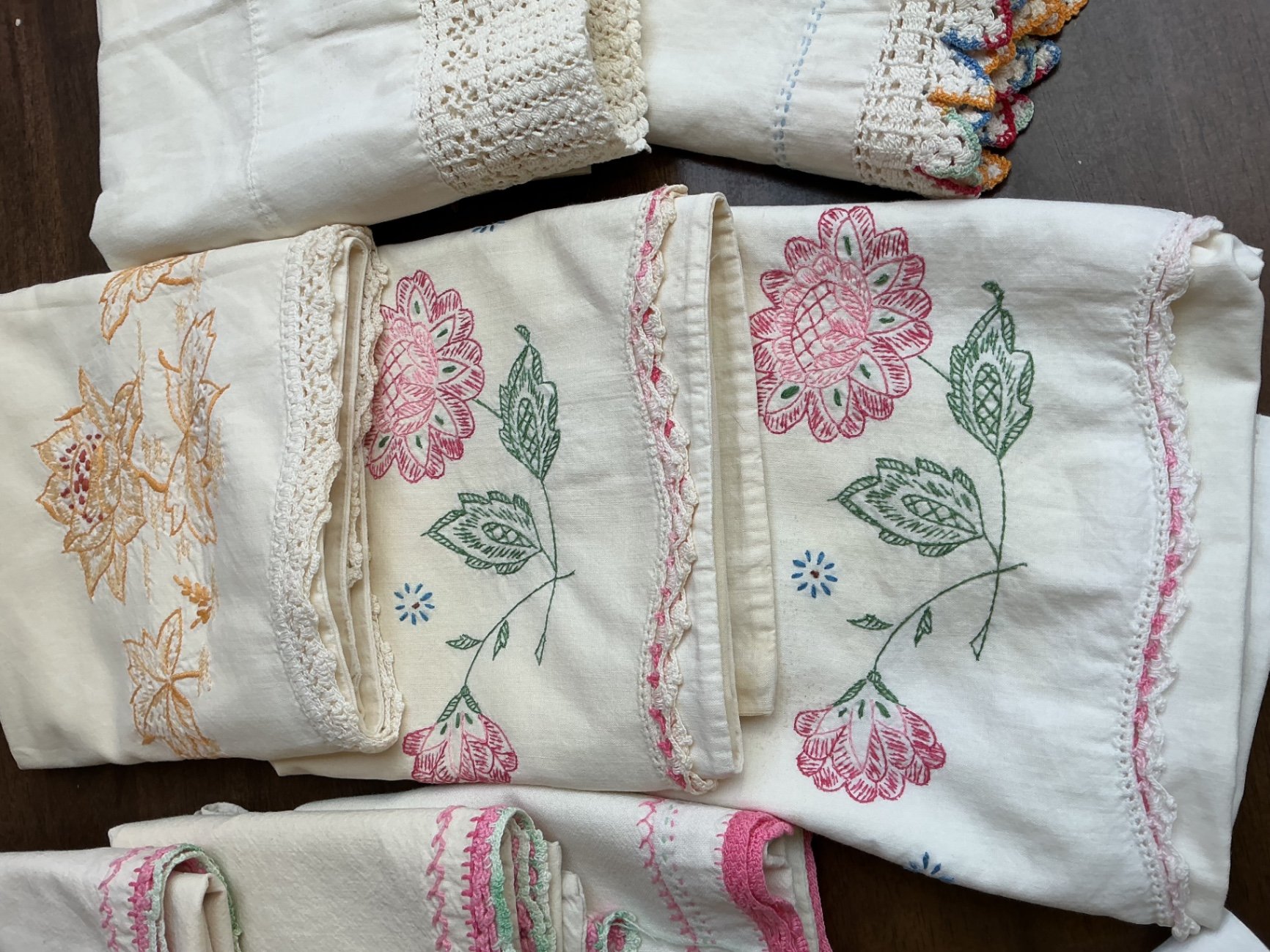 Vintage embroidered pillow cloths, crocheted doilies - image 2 of 5