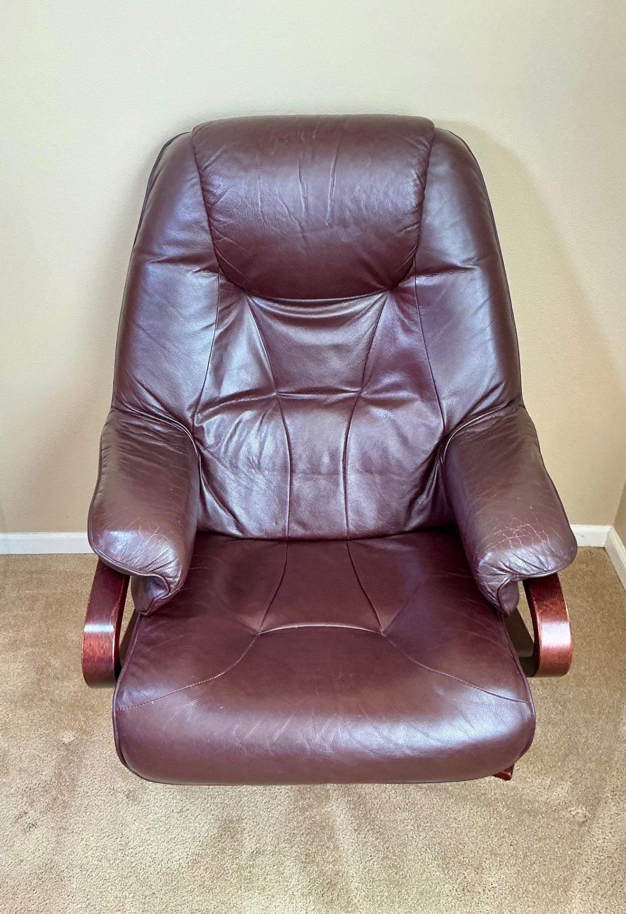 Danish Leather recliner with matching ottoman, As IS - image 5 of 10
