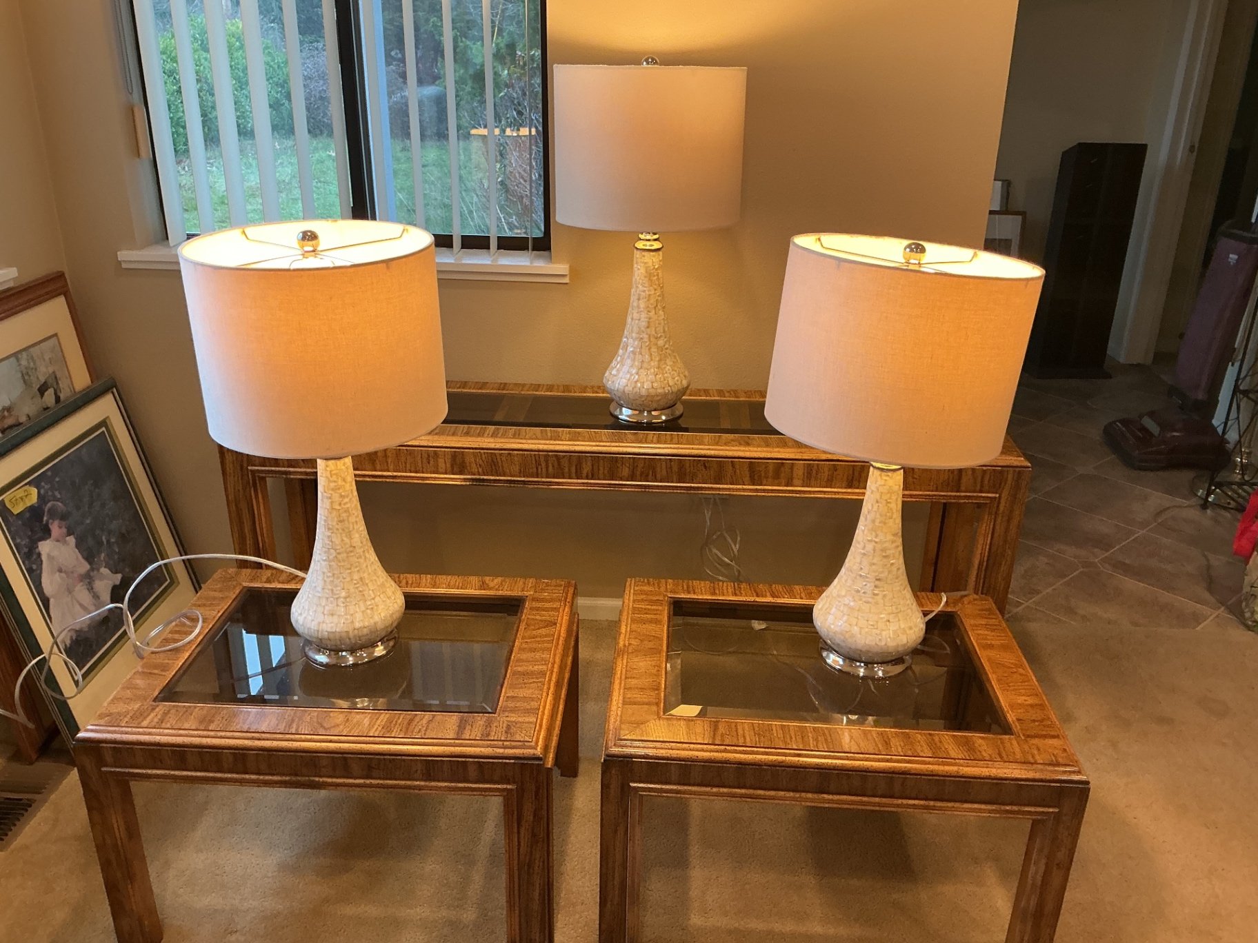 3 Wood and Glass Occasional Tables, and 3 matching lamps - image 1 of 7