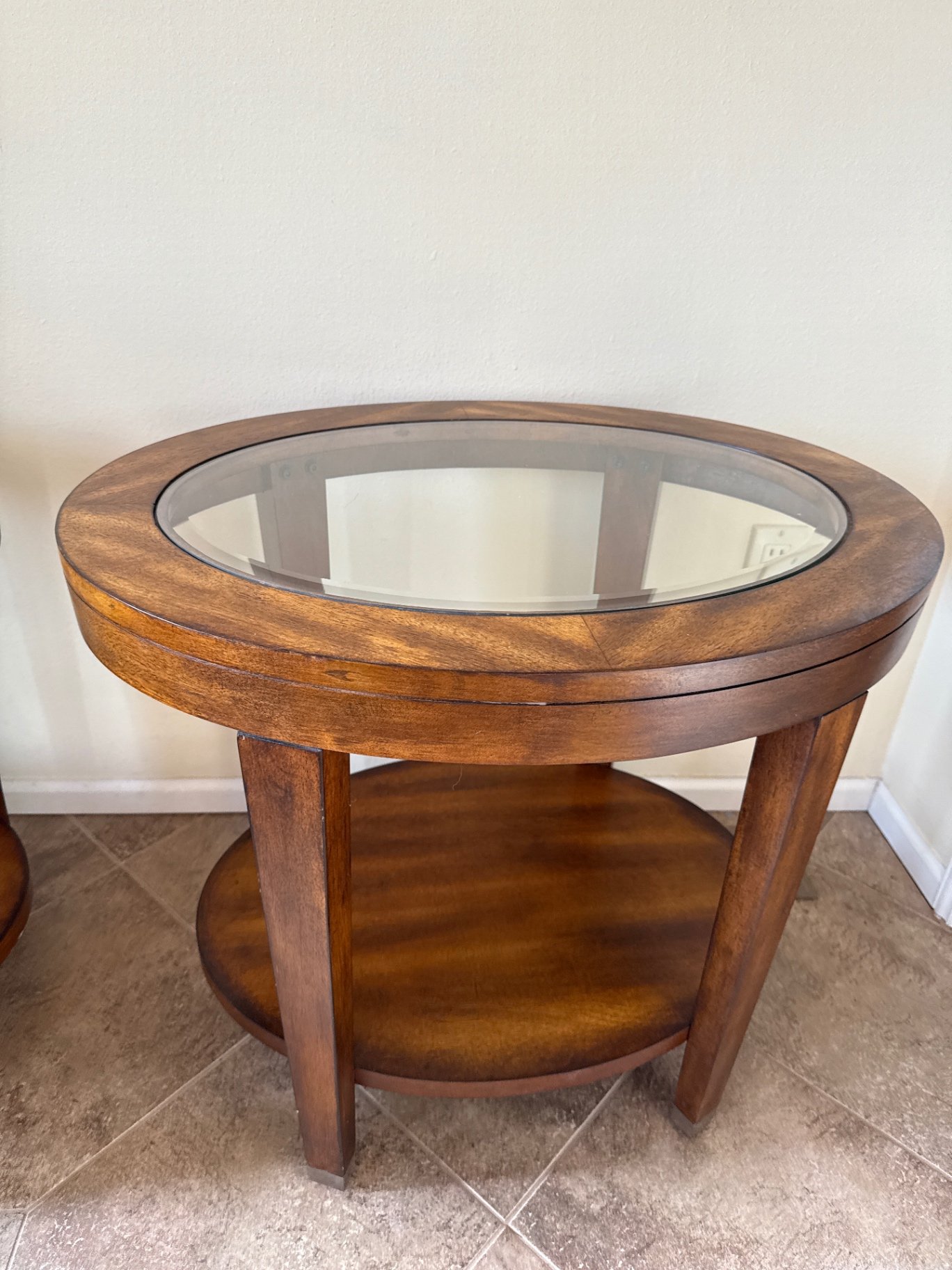 Pair of round wood end tables with glass tops - image 3 of 3