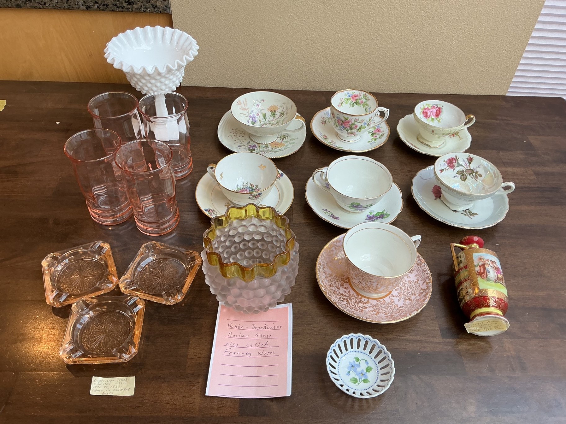 Vintage porcelain teacups & saucers, Depression Glass etc.  - image 1 of 11