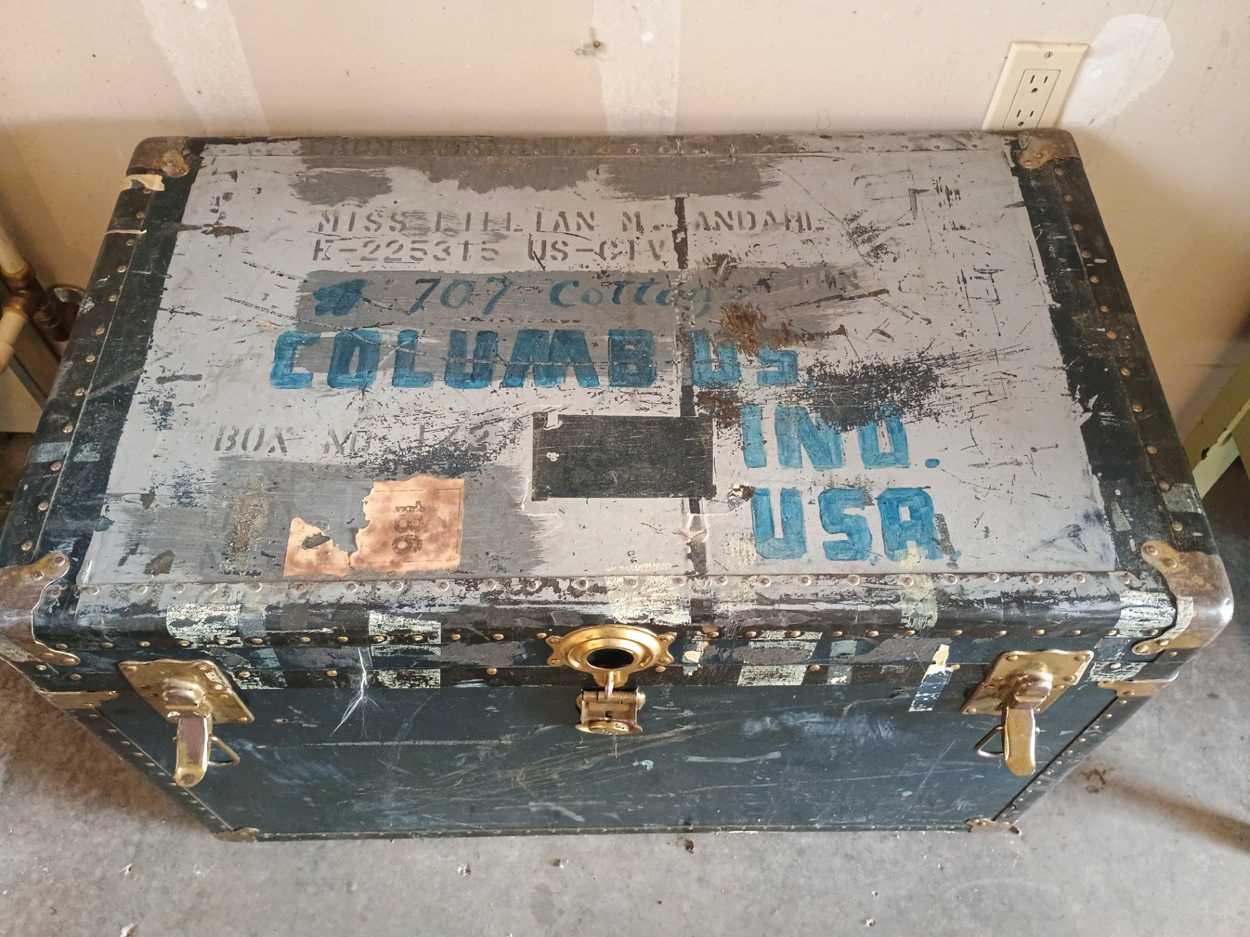Vintage riveted metal trunk with blue stenciled markings - image 3 of 7