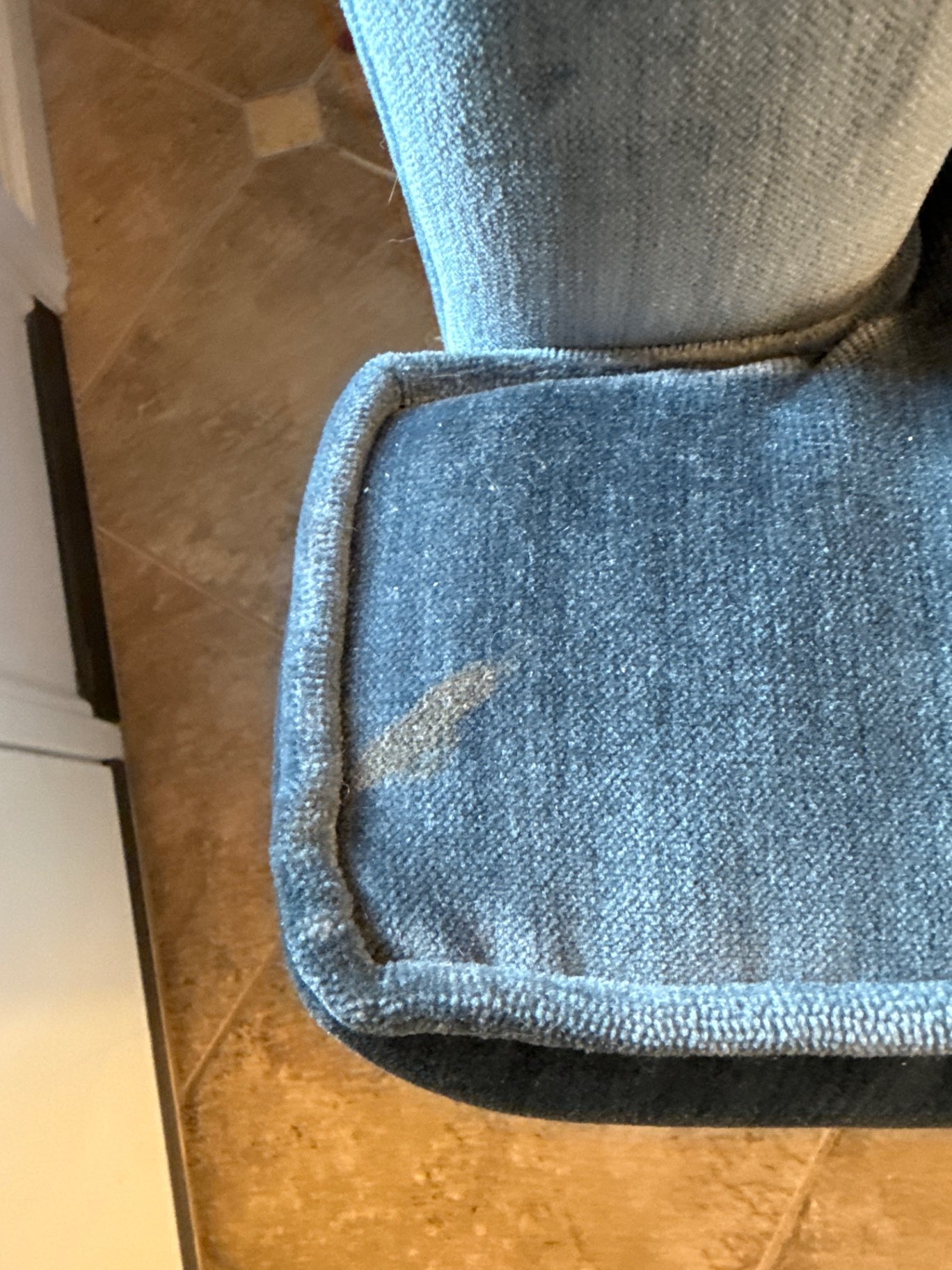 Pair of blue velvet tufted barrel armchairs, lamp & print - image 6 of 11